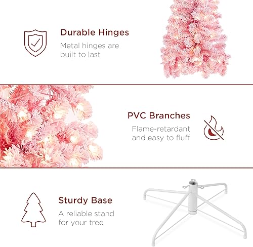 Miniatura 15 de Best Choice Products Árbol de Navidad flocado de lápiz, preiluminado delgado de 12 pies, decoración navideña artificial 2 en 1, luces blancas