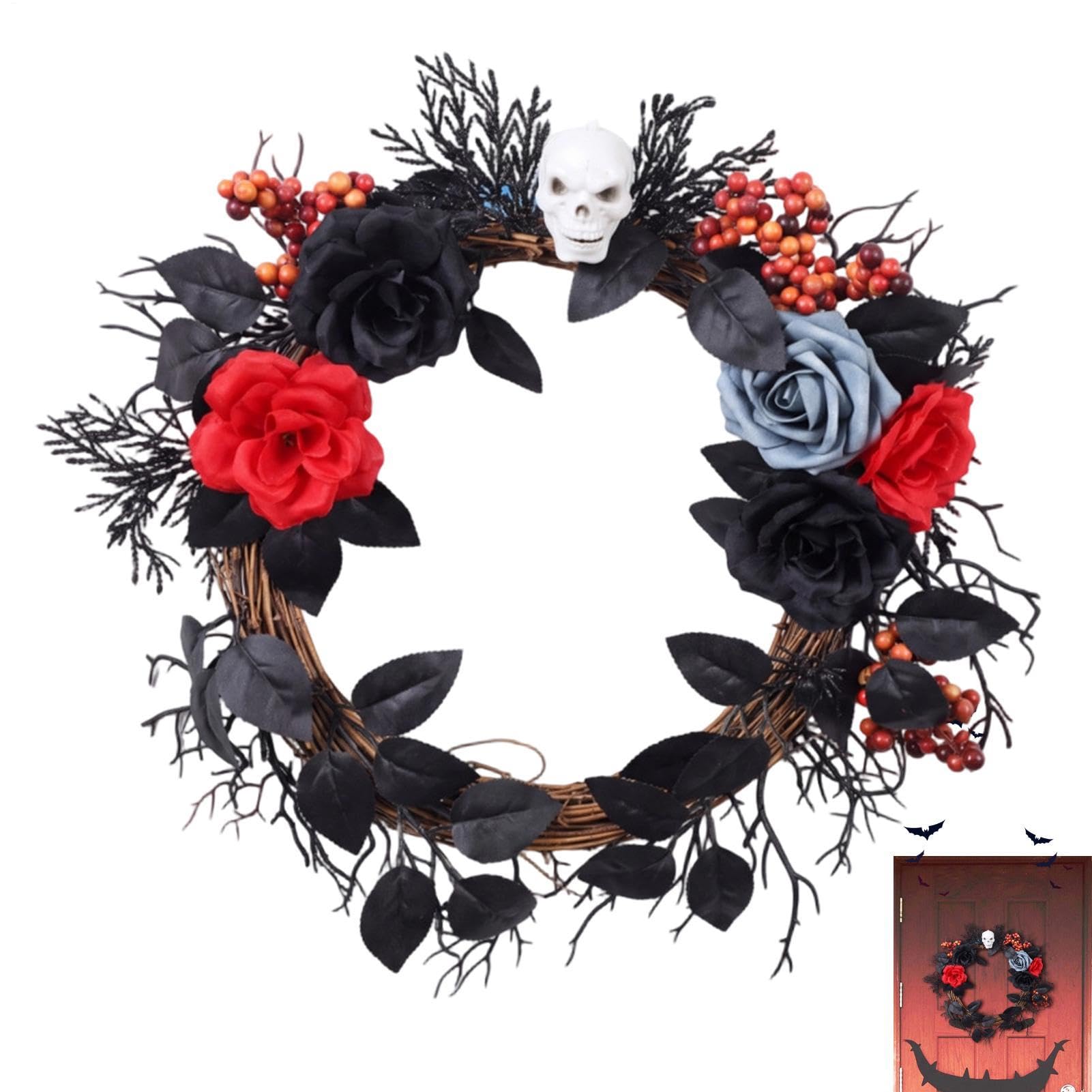 Calavera gótica de Halloween con flores artificiales resistentes que no se marchitan en exterior