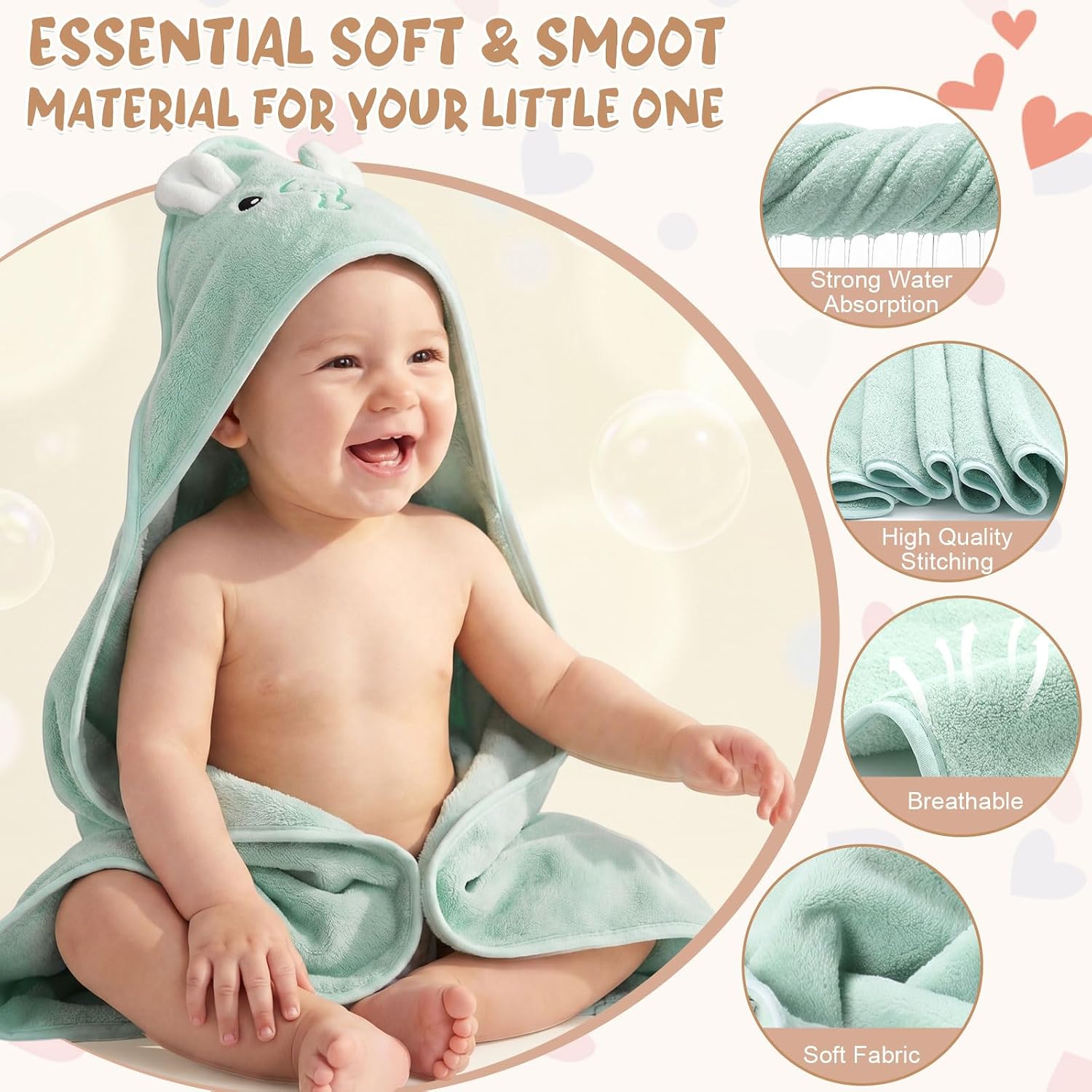 Tegeme 24 Pcs Baby Bath Towel Set, 6 Oversized Hooded Towels (31x31") & 18 Washcloths(10"), Ultra Absorbent Soft Coral Fleece Assorted Animals for Newborn Infant Toddlers Baby Shower Gifts, Neutral