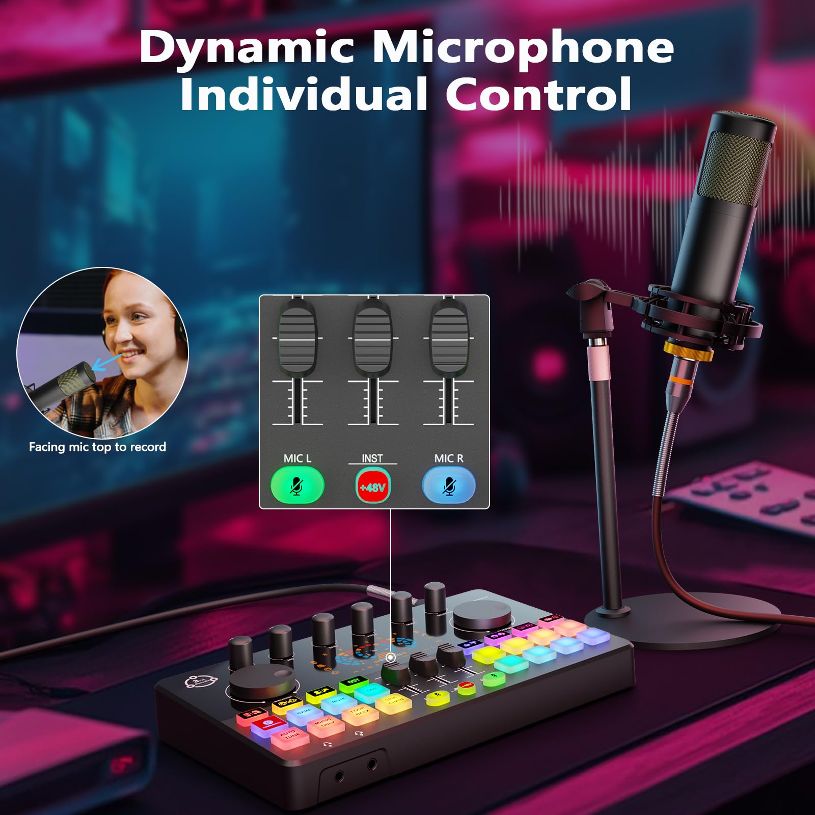 Podcast Equipment Bundle for 4, Audio Interface with 4 Dynamic Microphone, 4 Desktop Mic Stands, Voice Change, DJ Mixer for Vocal Recording Podcasting,Streaming,Singing TikTok, COMMANDER M100 3rd