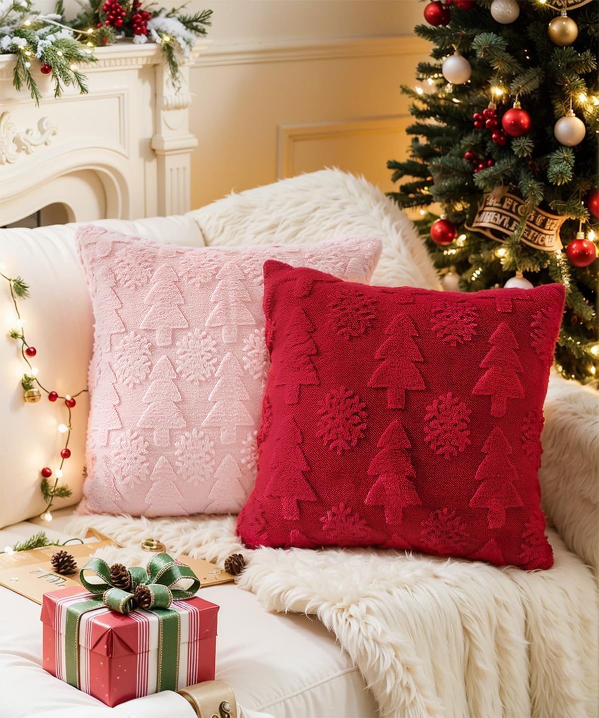 Christmas Pillow Covers 18x18 inch Set of 2,Christmas Tree Faux Fur Luxury Throw Pillow Covers Pink Cute Soft Plush Pillow Case for Cough Sofa Holiday Festivals Winter Home Decor - Image 2