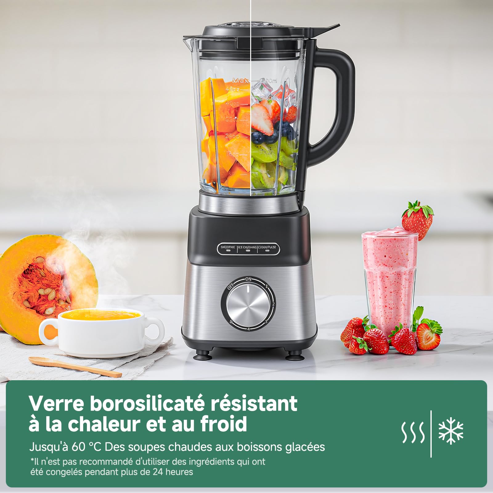 AMZCHEF Blender 1200W, Mixeur avec Bol en Verre 1,5L Résistant à la Chaleur, 5 Vitesses + Programmes Smoothie/Glace Pilée/Auto-Nettoyage, 6 Lames Inox, Pièces Lavables Lave-Vaisselle, Sécurité