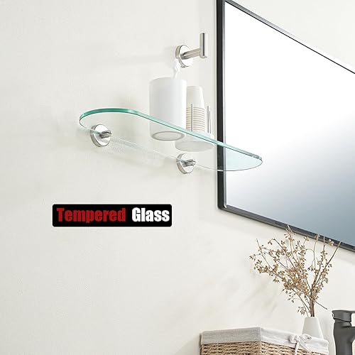Miniatura 6 de JQK TGS121L20-BN - Estante de vidrio templado para ducha, 20 x 5 pulgadas, acero inoxidable 304 con acabado cepillado, montaje en pared