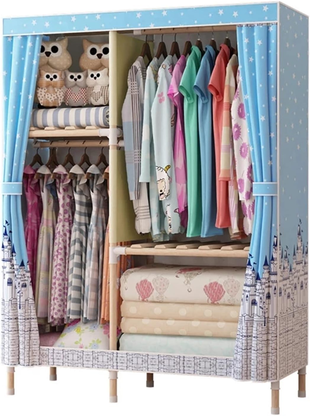 Combined Closet 105cm Clothes Closet Portable Bedroom Armoire DIY Storage Organizer Assembled Fabric Wardrobe Combination Closet(Blue Castle)