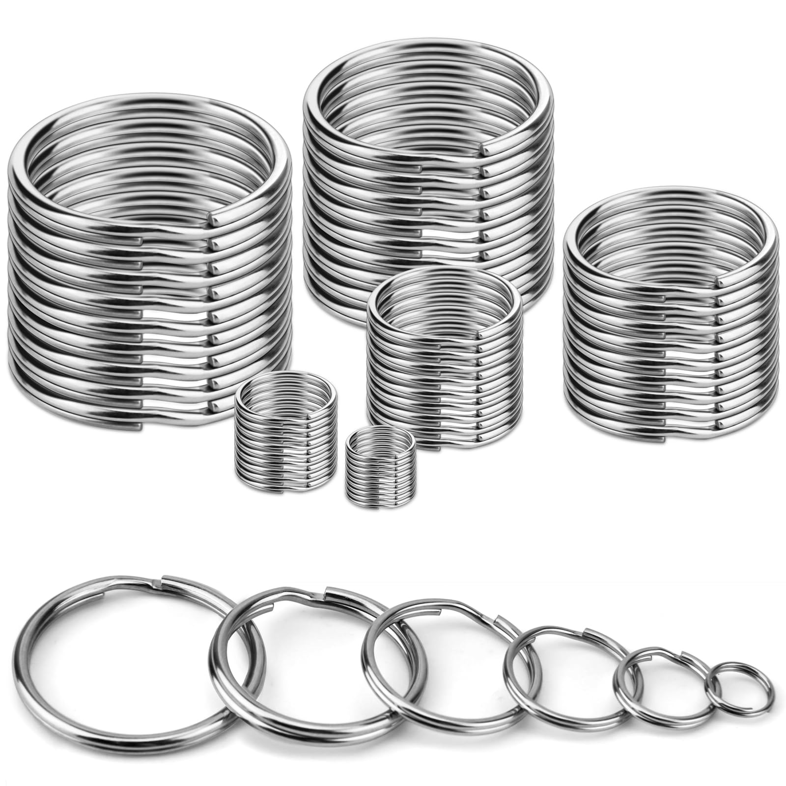 Poeland 60pcs Stainless Steel Key Ring Hoops Set, 6 Different Sizes Key Chain Rings for Keys Organization, Craft and DIY Arts