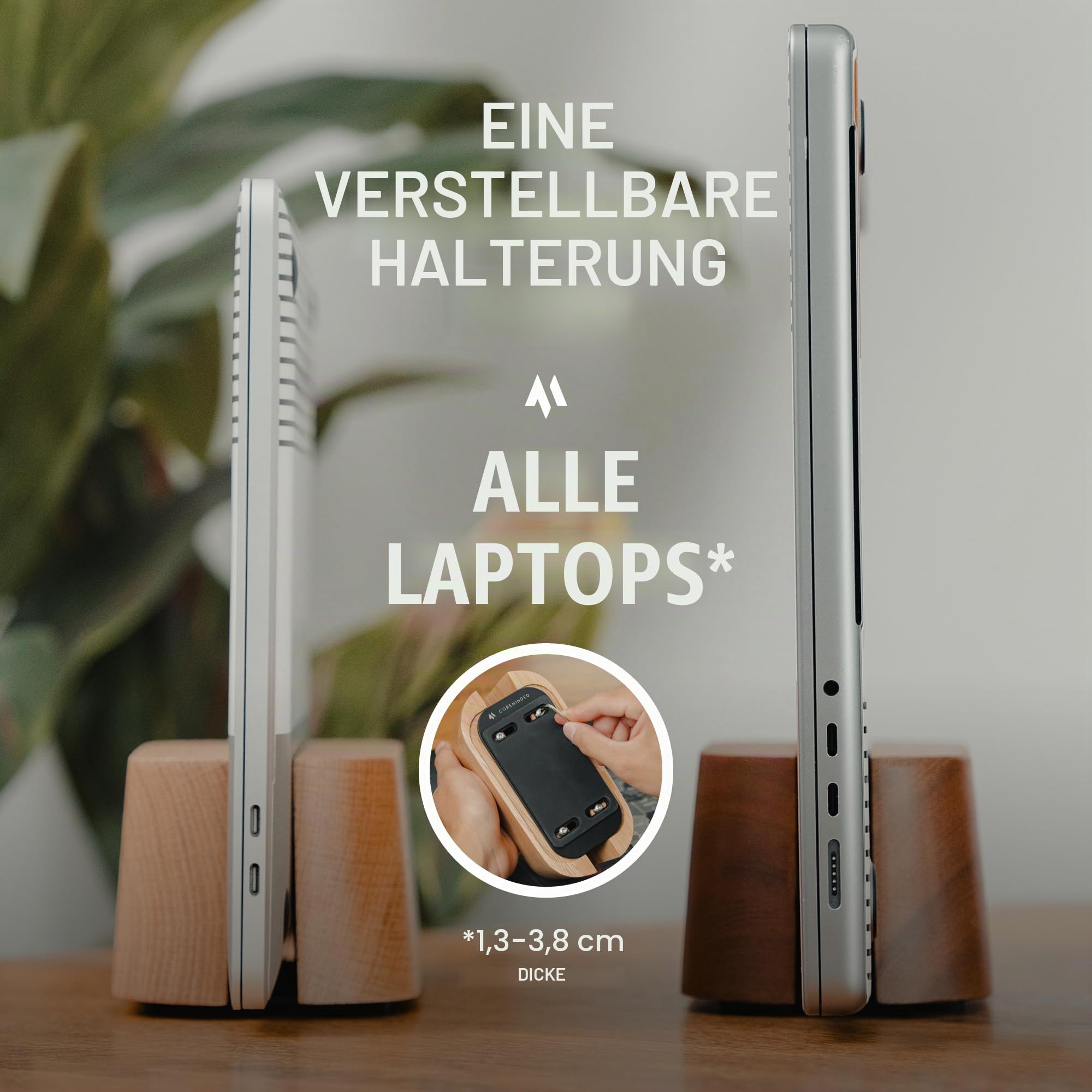 COREMINDED Verstellbarer vertikaler Laptopständer für Schreibtisch, Laptophalter aus Holz, MacBook Pro Ständer, Holz Mac Air Dock (massive Eiche)