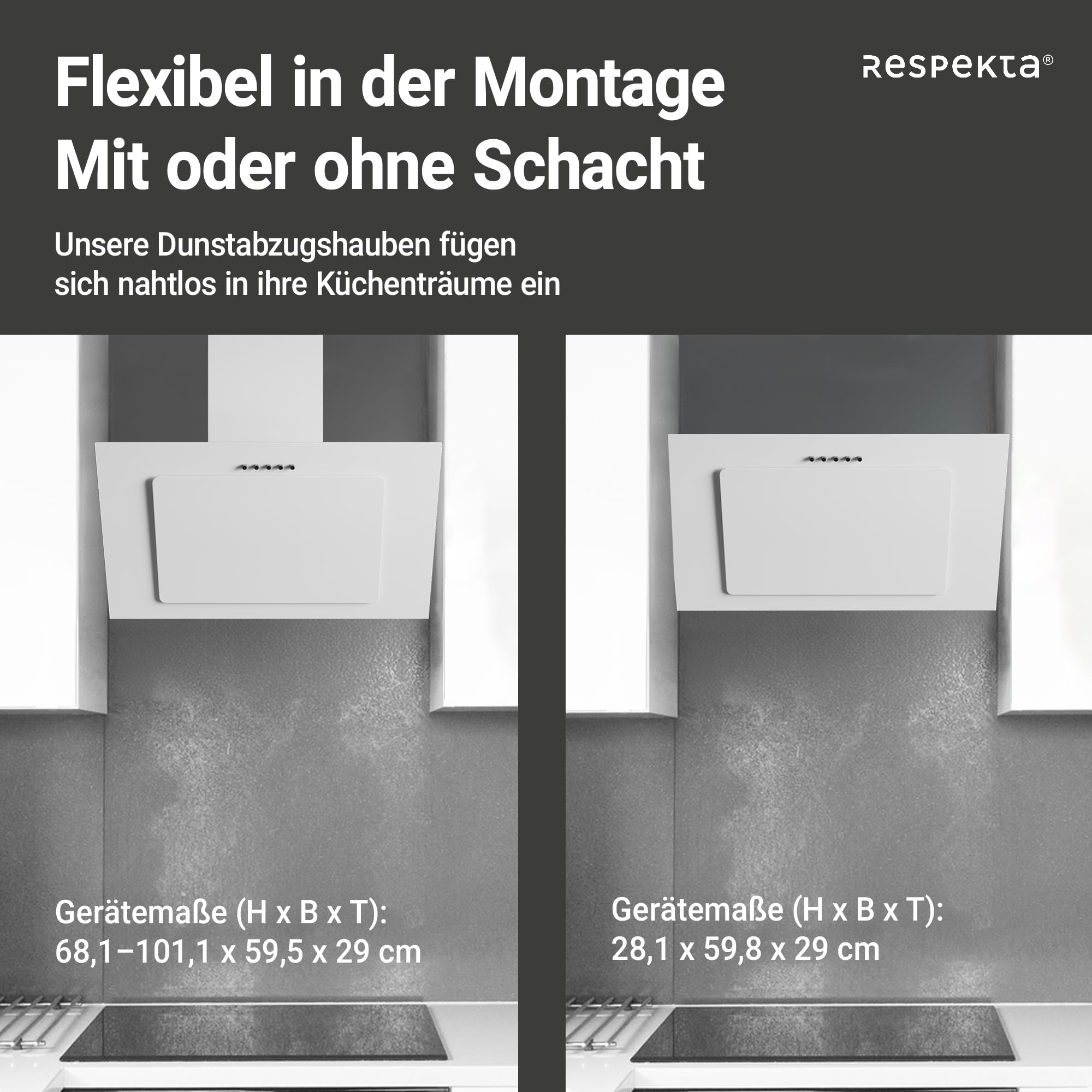 Respekta Dunstabzugshaube kopffrei 60 cm Metallgehäuse Glasschirm Weiß Abluft Umluft CH33060WB 51-63,5 dB