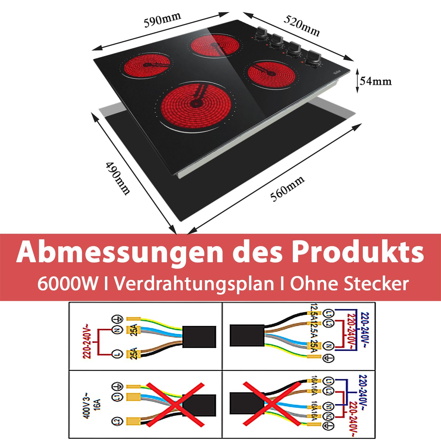Hobsir Einbau-Backofenset mit Glaskeramikkochfeld: 60L Backofen mit 9 Heizmodi & Umluft + 60cm Kochfeld 6000W, 4 Zonen & Drehregler