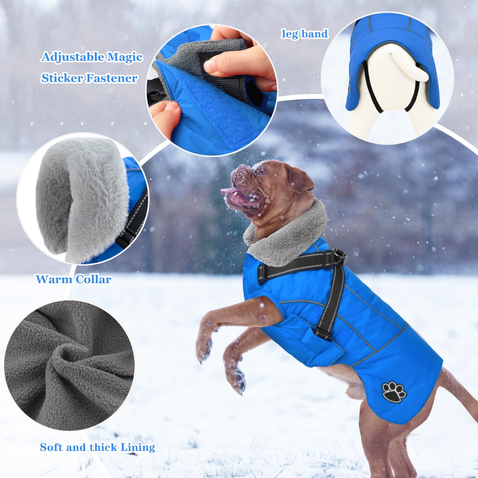 Doglay Chaqueta para perro con arnés, chaqueta reflectante cálida para perro, chaqueta impermeable para clima frío, chaqueta de forro polar ajustable para perros pequeños, medianos y grandes