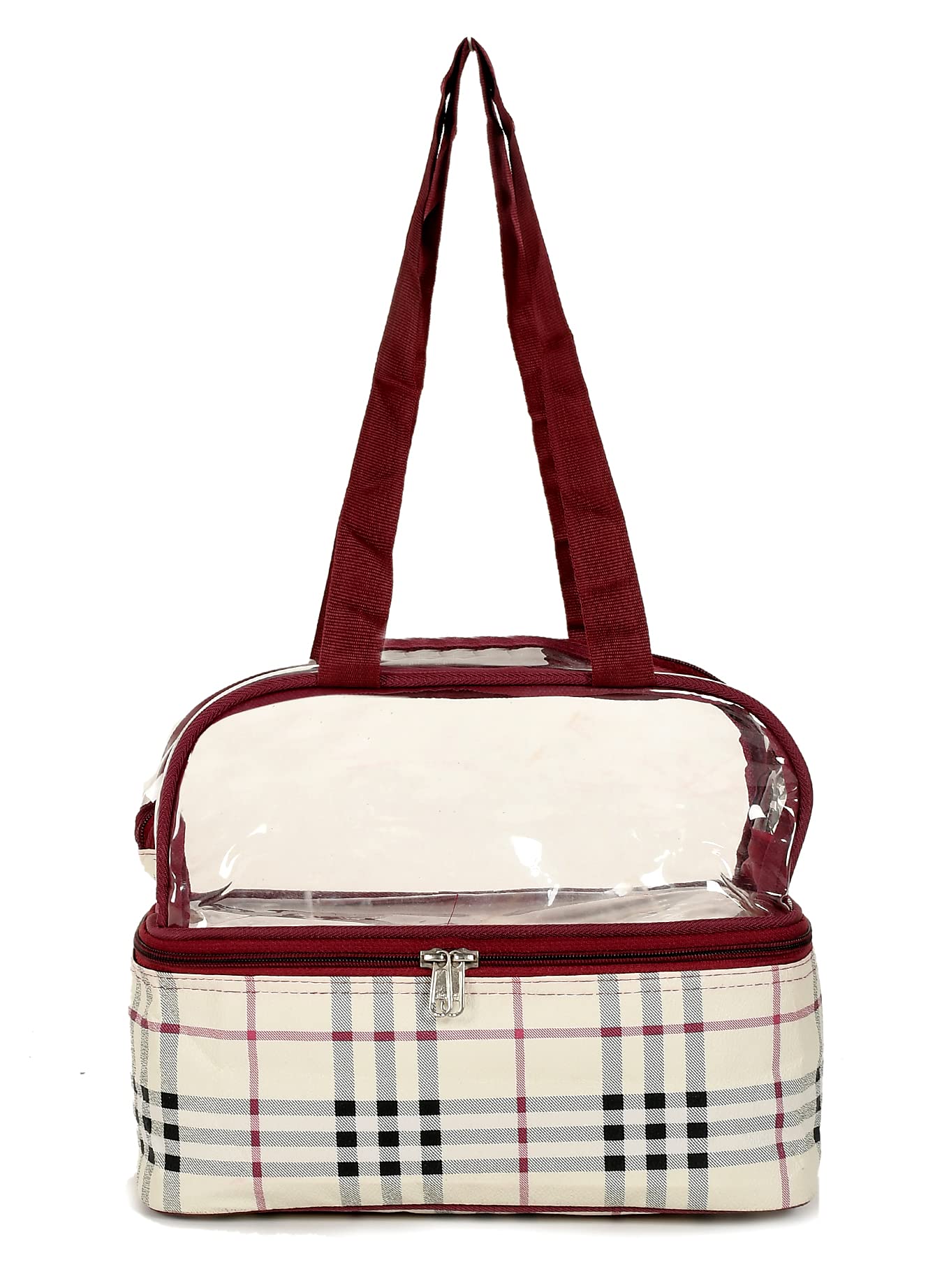 Kuber IndustriesCheck Design Double Decker Cosmetic Bag Travel Toiletry Cosmetic Makeup Bag Organizer (Maroon)-HS_38_LUGGAGE21031