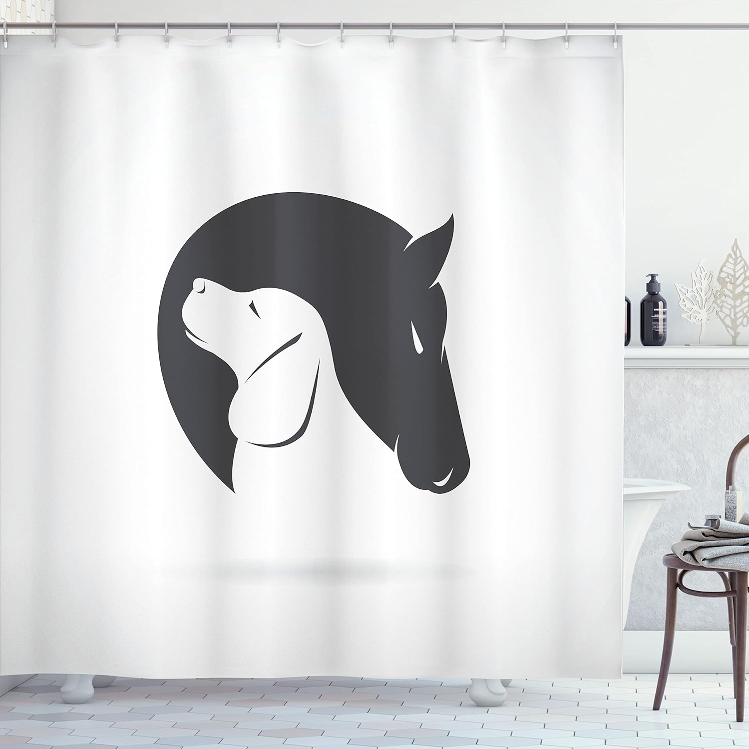 Ambesonne Animal Shower Curtain, Contemporary Image of a Dog and Horse Hugging Loyal Friend Heads Print, Cloth Fabric Bathroom Decor Set with Hooks, 69" W x 70" L, Charcoal Grey