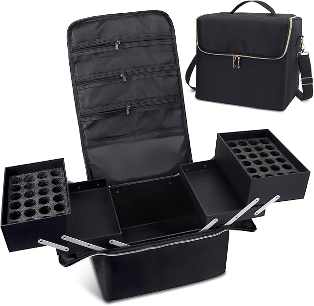 Quaferen Large Makeup Travel Train Case, Upgraded Plus Size Nail Tech Supply Organizers and Storage, 4 Tier Cosmetic Train Case Makeup Box Nail Bag, Black Nail Polish Makeup Organizer and Storage Bag