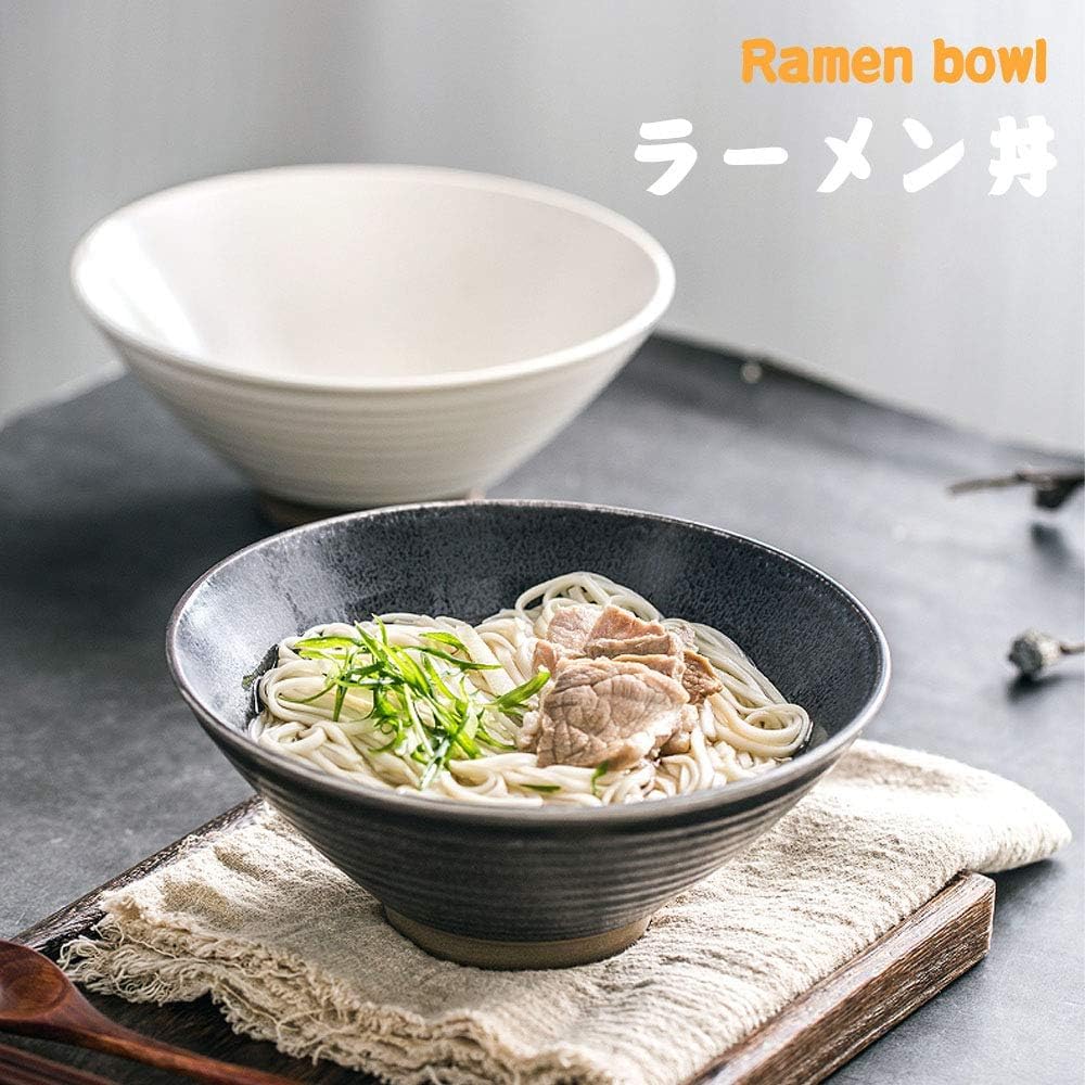 Genérico Tazón de Porcelana para Sopa de Fideos Ramen con Palillos y cucharas, 2 tazones japoneses Grandes de 600 ml para Udon, pho, Pasta y ensaladas, tazones para Cereales y Fideos.