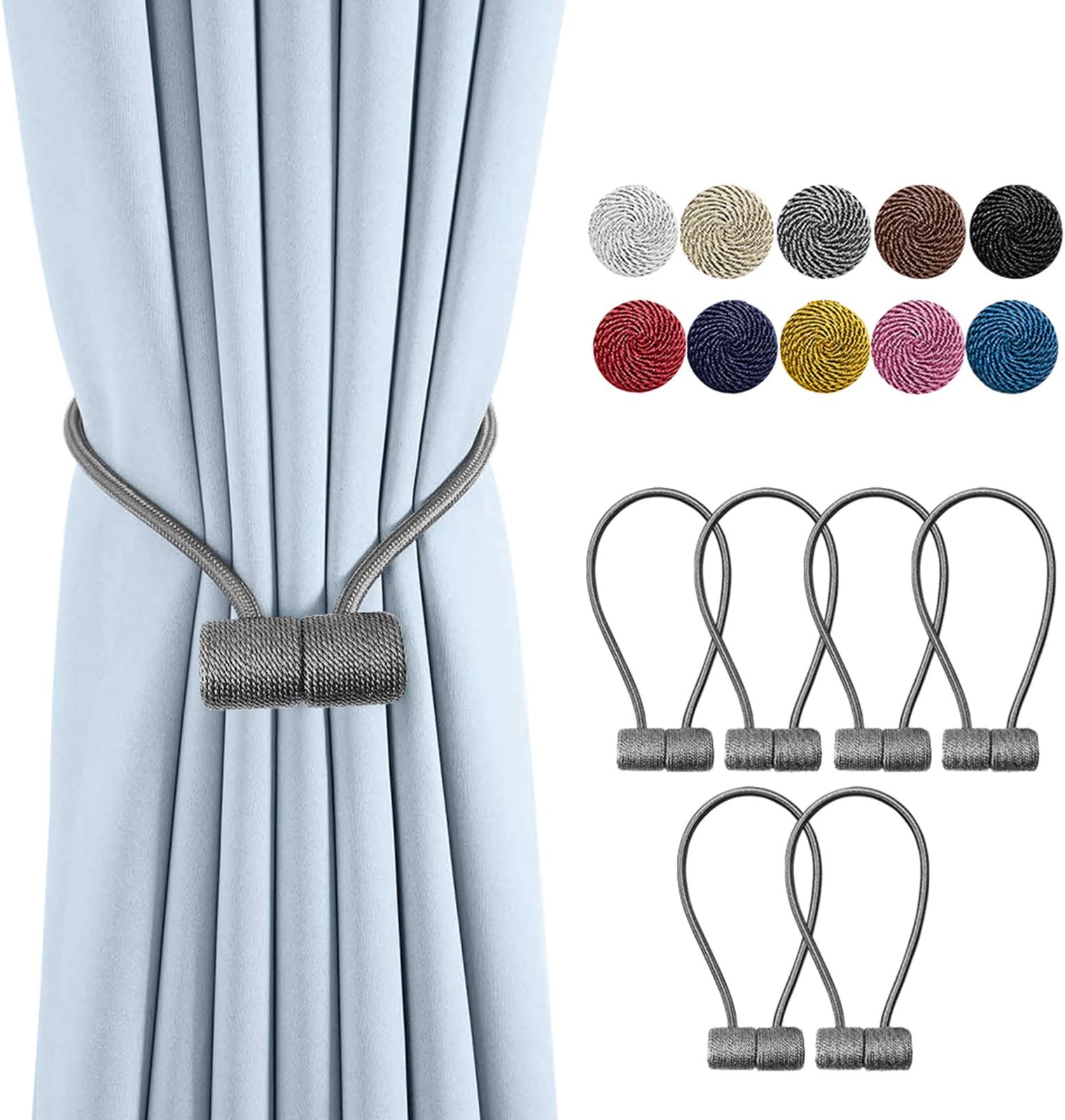 Remunkia Magnetic Curtain Holdbacks Drapery Tiebacks: 6Pack 16 Inch Tie Backs Holdback for Blackout Sheer Window Treatment, Grey, Upgrade