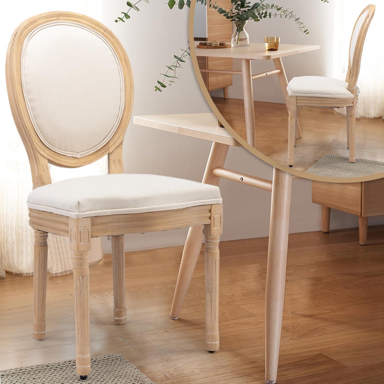 Lot de 2 chaises de Salle à Manger rembourrées ovales en Tissu avec Pieds en Bois pour Salle à Manger, Cuisine, Restaurant (Tissu Beige)