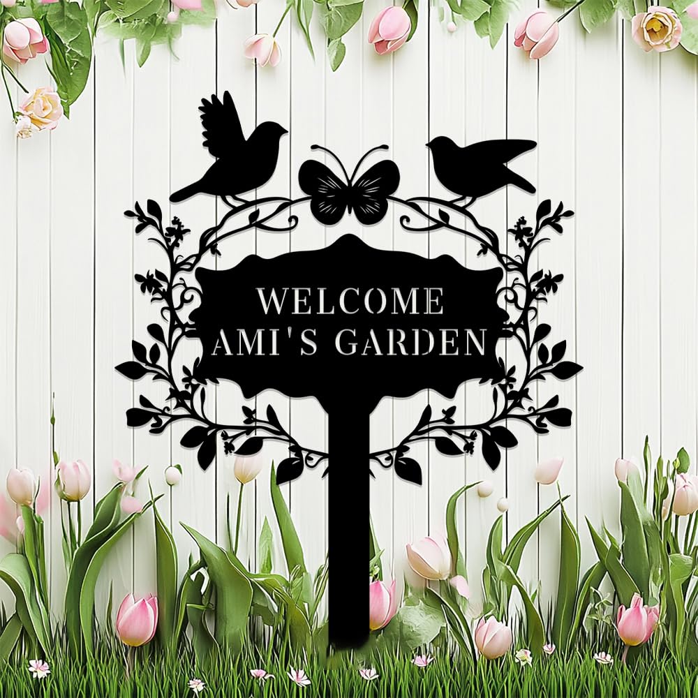 Personalized Bird Metal Garden Sign with Stake,Custom Butterfly Decor for Yard Outdoor,Customized Flower Gardener Name Signs,Gardening Gifts Welcome Plaque Decorate for Front Door Patio Lawn Outside