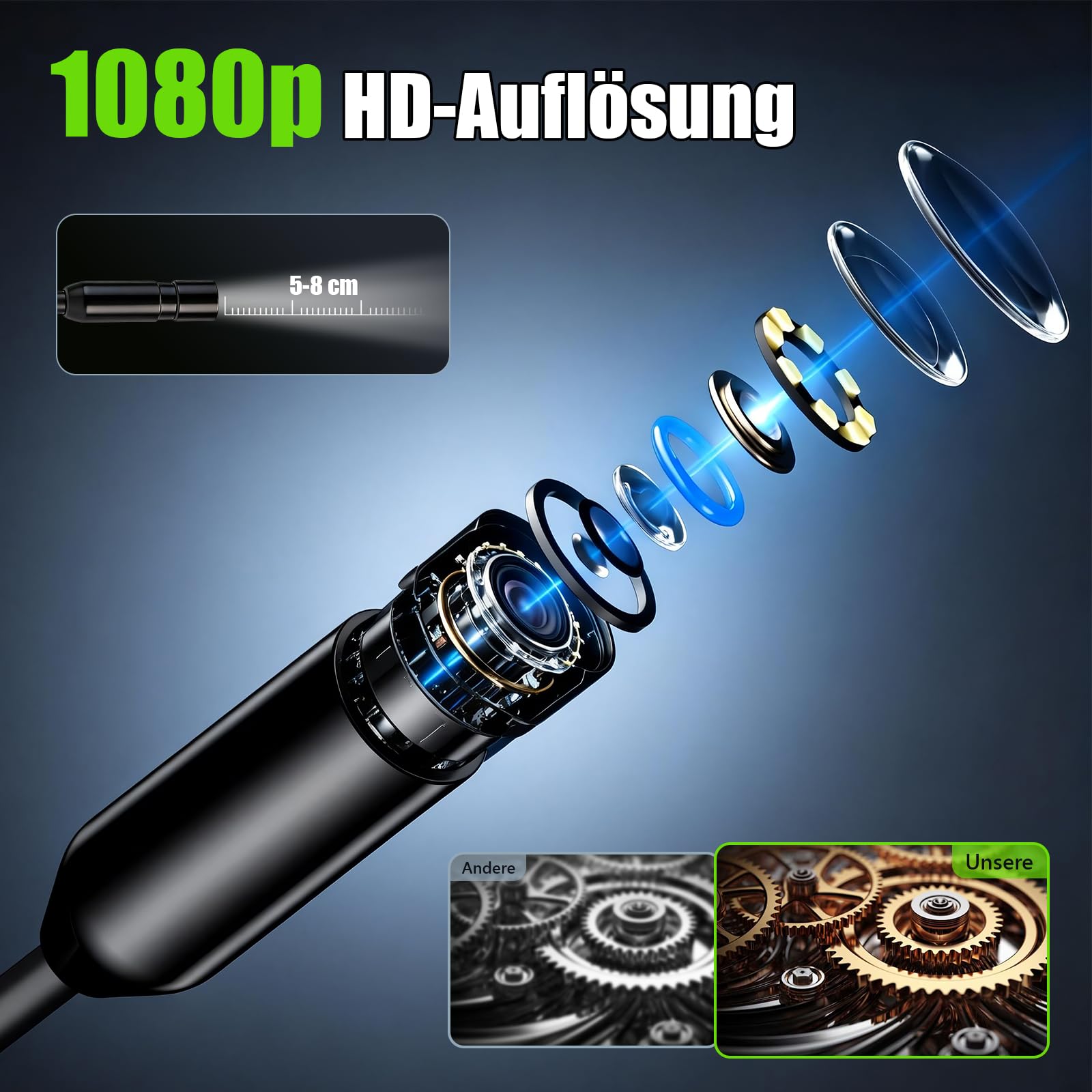 Endoskopkamera mit Licht 4.3" IPS Bildschirm – 1080P HD Inspektionskamera mit 8mm Kamera & 8 LED, IP67 wasserdichtes Endoskop mit 5M halbstarrem Kabel mit 32GB TF-Karte für KFZ Rohrleitungen Industrie