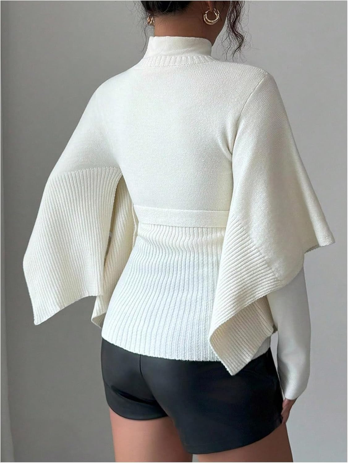 MakeMeChic Women's Winter Business Office Bell Sleeve Sweater Tie Front Crew Neck Rib Knitted Pullover Tops - Image 3