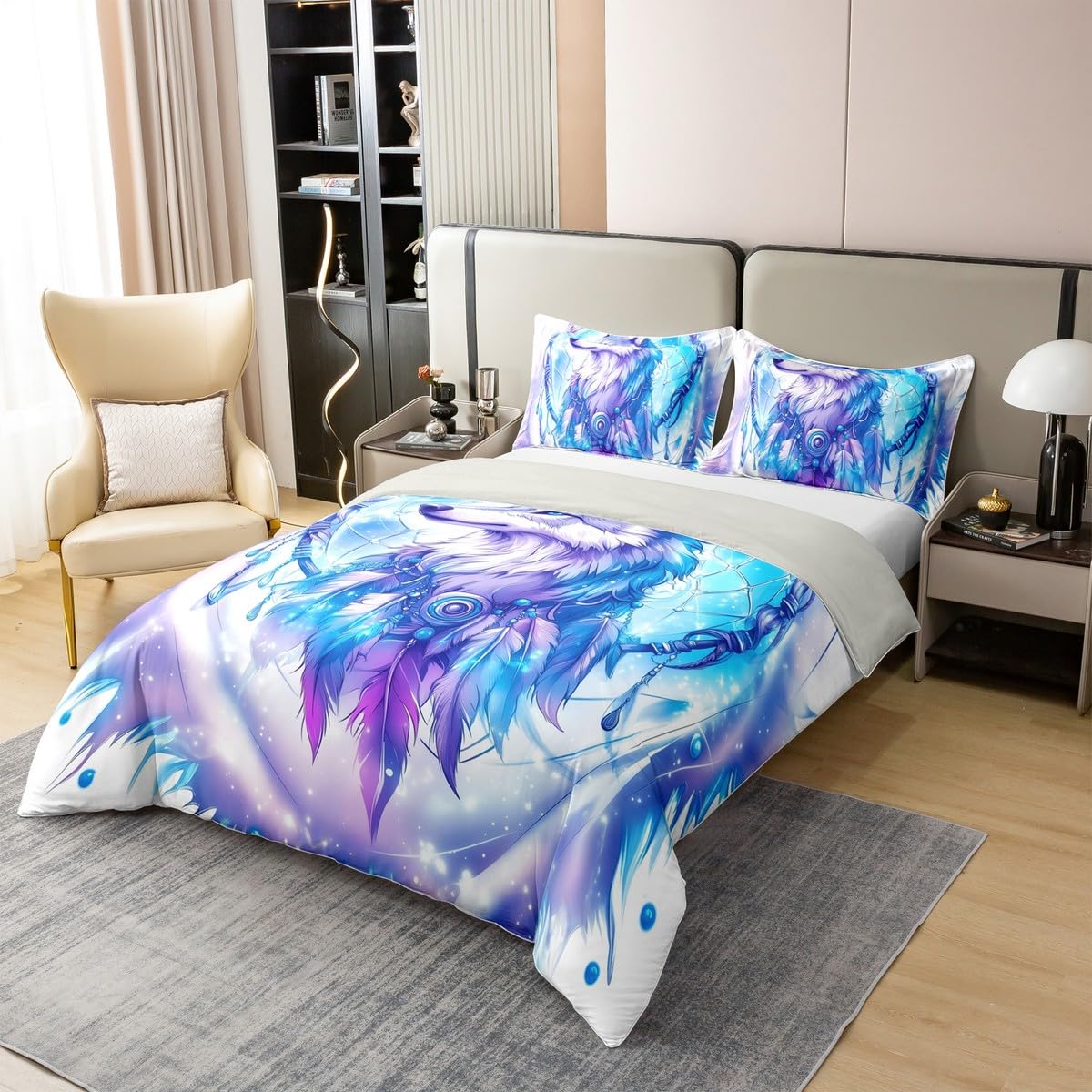 Homewish Ropa de cama de algodón con diseño de lobo, color azul y lila, diseño de atrapasueños, 135 x 200 cm