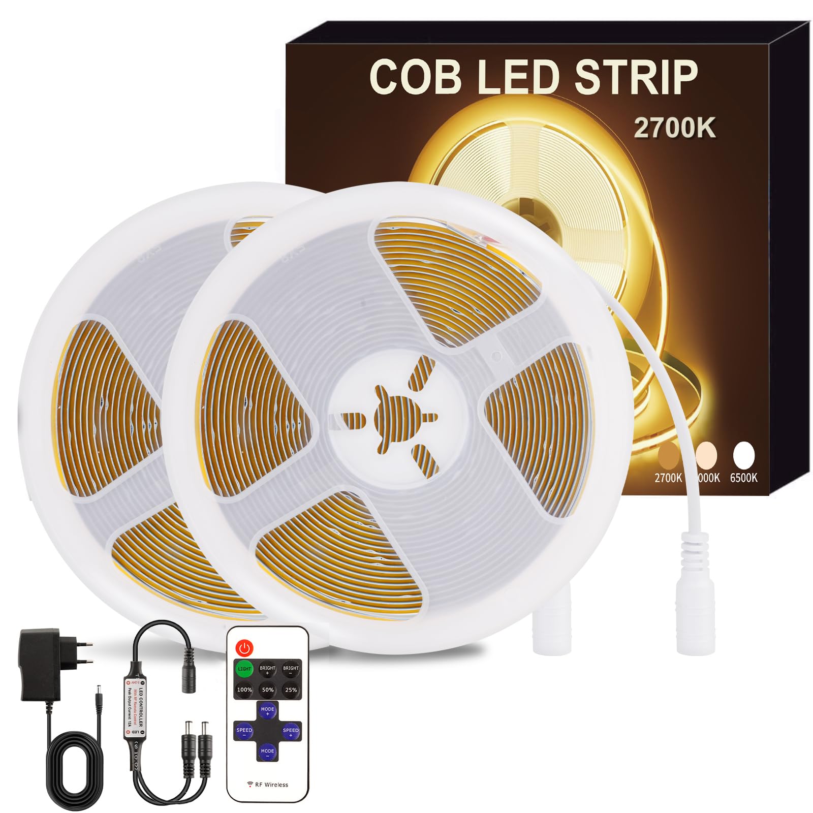 15 m Cob LED Strip (7.5 m x 2), 24 V Dimmable LED Strip 2700 K Warm White, 320 LEDs/M, 8 mm Wide with Remote Control and Power Supply for Interior Lighting in Bedrooms, Living Rooms, Kitchen and More