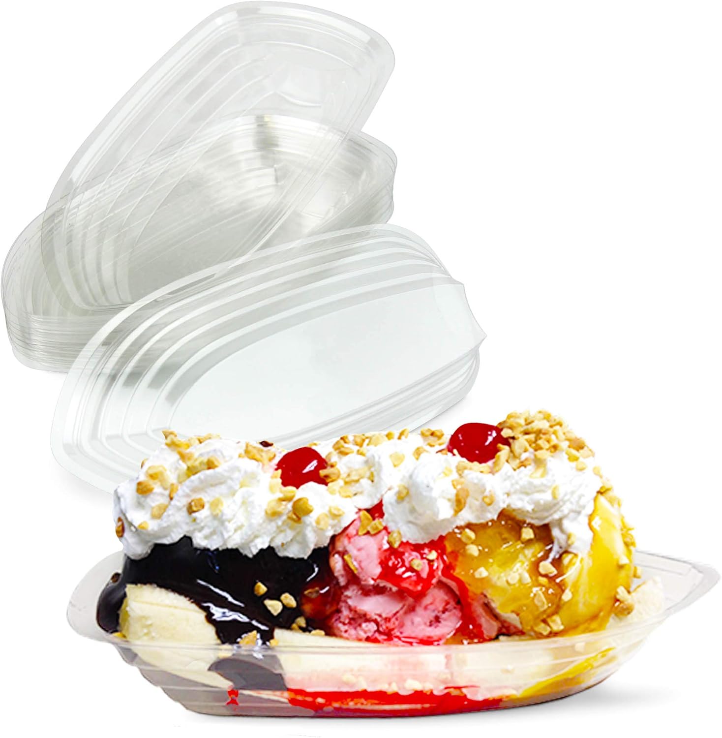 Fit Meal Prep [125 Pack 12 OZ Banana Split Boat Plate Clear PET Plastic Disposable Ice Cream Sundae Dessert Splits Bowl Tray for Gelato Parlors, Cafes, Parties, Home and Restaurants
