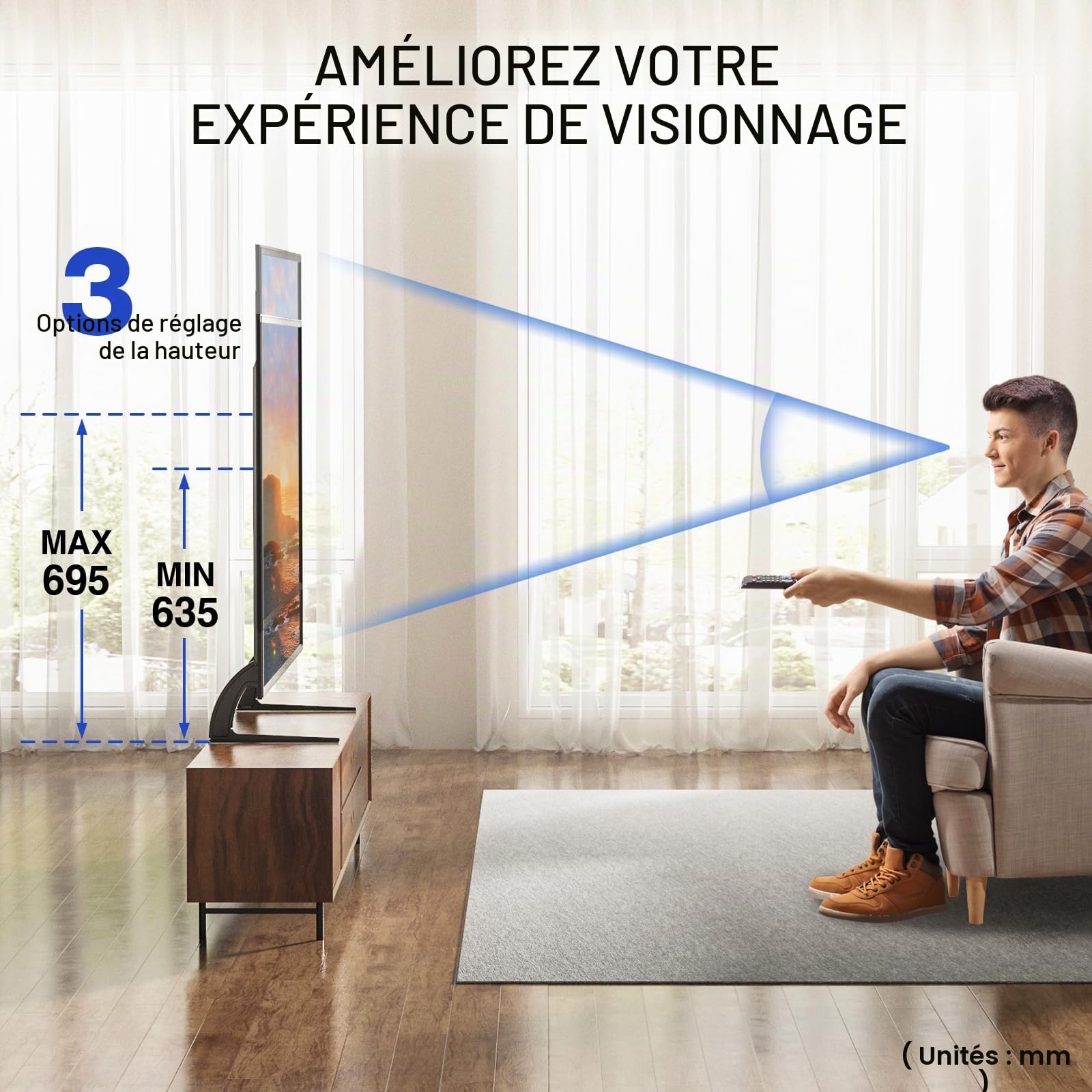 RFIVER Support TV Pieds Place sur Meuble Télé Elévateur Hauteur Adjustable pour LCD LED OLED ALED Ecran 20 à 65 Pouces VESA jusqu'à 800 x 500 mm