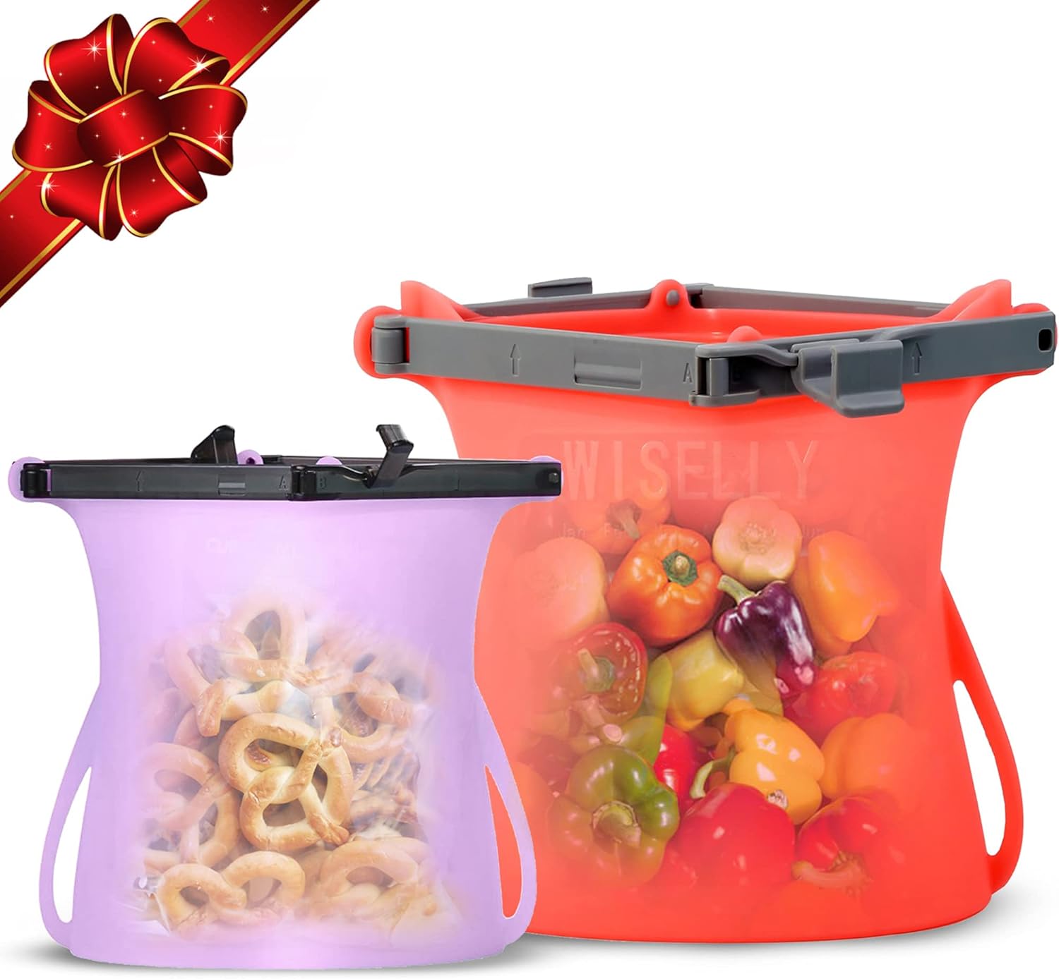 Half Gallon Leakproof Reusable Silicone SnapBags Set Stand-Up Odorless Easy Dry Food Storage Bags (33 Oz Random Color + 68 Oz) Microwavable Freezer and Dishwasher Safe Silicone Food Storage Bags