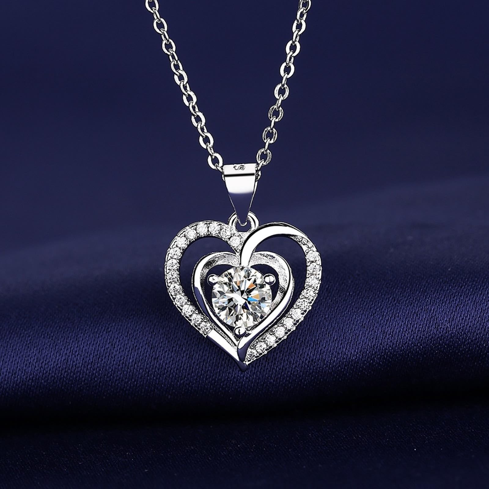 Daesar Collana Donna Oro Bianco 750 18K Vero, Ciondoli Collane Donna Classico Doppio Cuore con Diamante Sintetico Rotondo Oro Bianco, 45CM Lunghezza