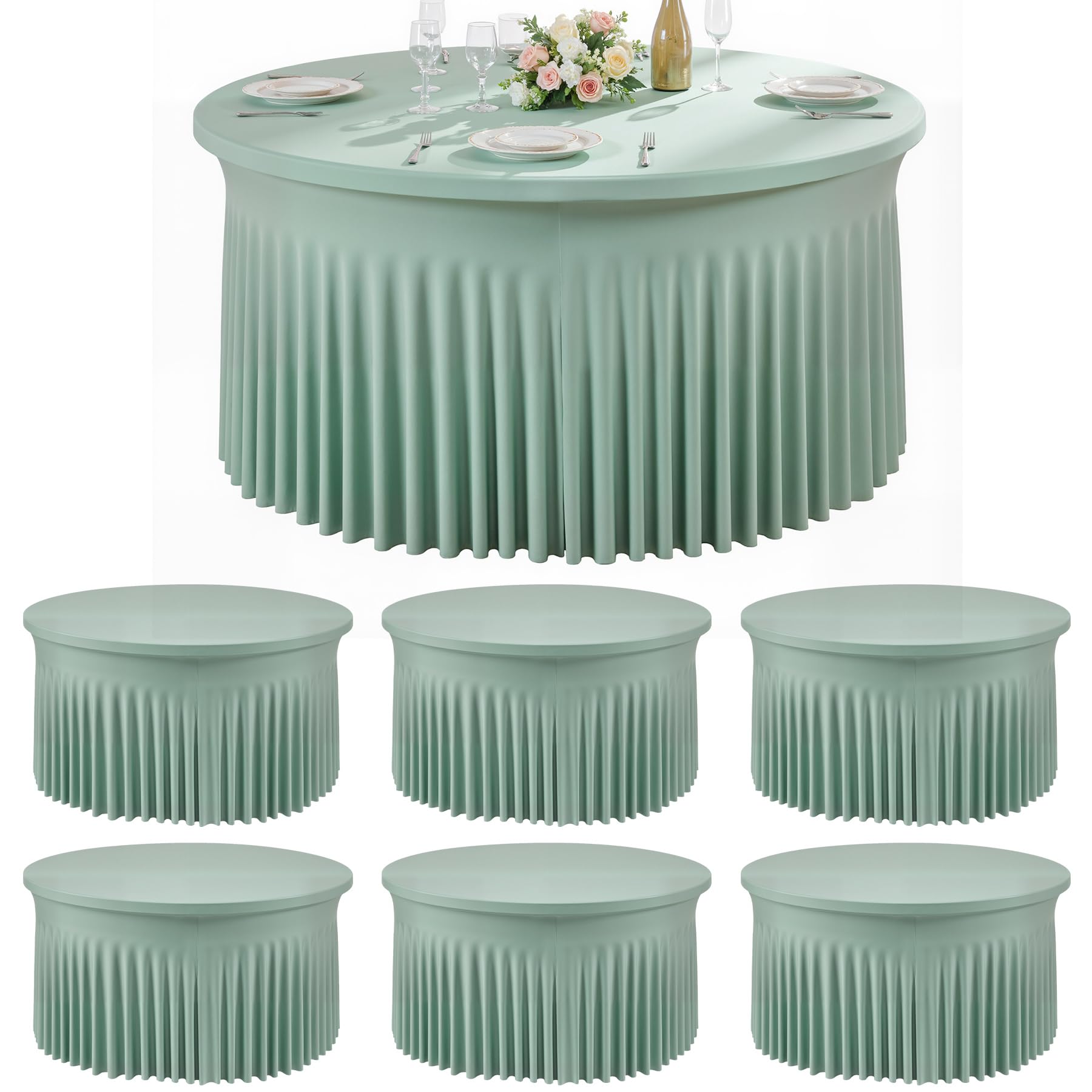 Photo 1 of Htper 6 Pack Sage Green Spandex Round Tablecloths for 60 inch Table, Wrinkle Free Stretchy 120inch Fitted 5FT Round Table Cover Cloths with Skirt for Wedding Party Dining Banquet