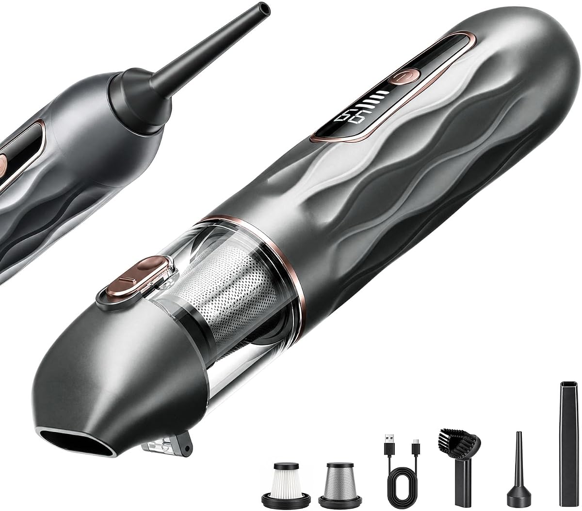 Aspiradora de mano inalámbrica, 4 en 1, aspiradora portátil inalámbrica con succión de 19000 PA, mini aspiradora para coche y hogar, recargable tipo C, aspiradoras de mano para interior del coche, escritorio, teclado, pelo de mascotas