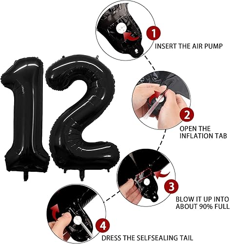 Miniatura 3 de Globo negro con el número 12 de 40 pulgadas, globos grandes de Mylar para niños de 12 años de edad, decoración de fiesta de cumpleaños, boda,