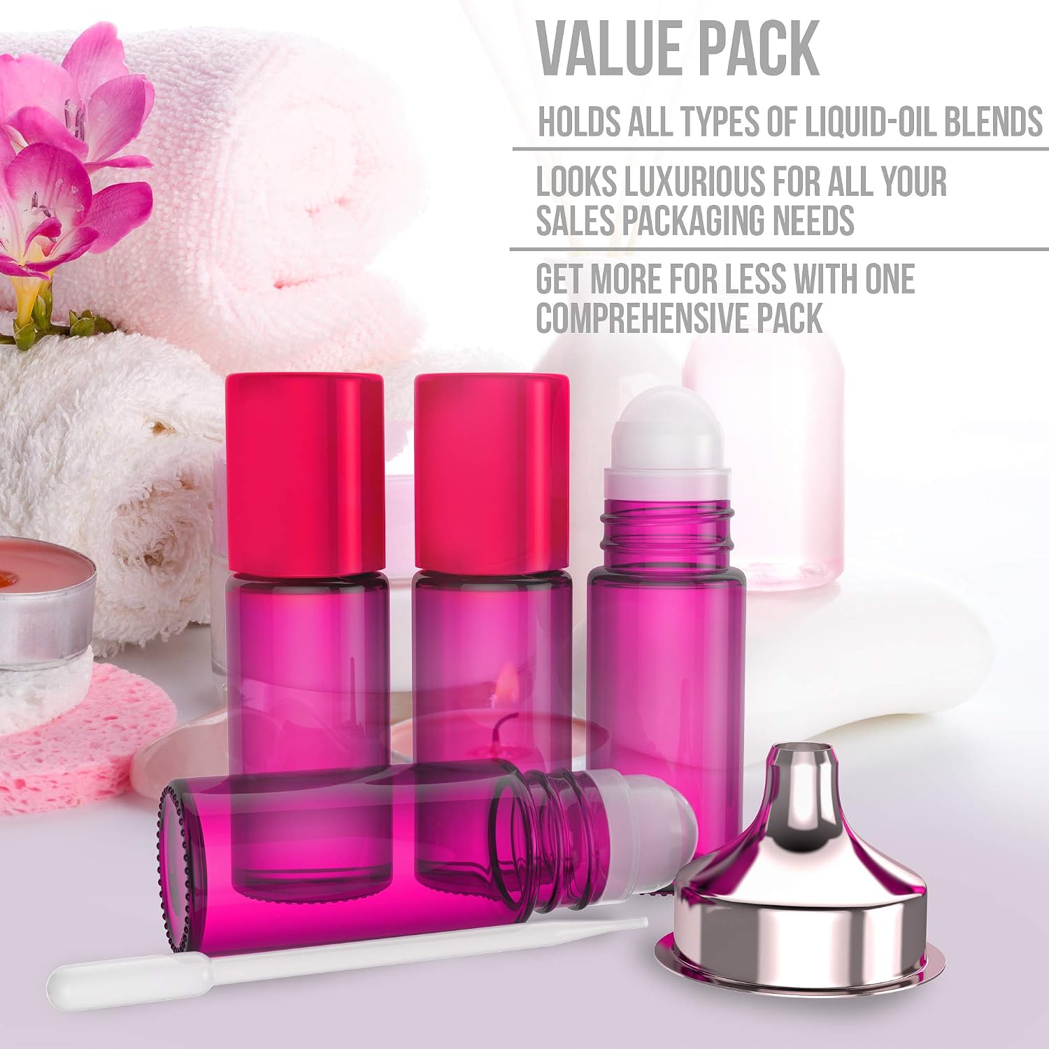 4 Pack Essential Oil Roller Bottles [Plastic Roller Ball] FREE Plastic Pippette and Funnel - Refillable Glass Color Roll On for Fragrance Essential Oil - 30ml 1 oz (PINK)