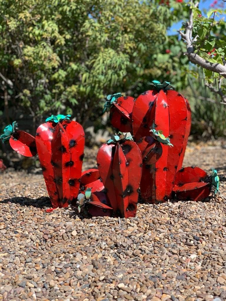 Set of 3 Handmade Metal Cactus - Garden Art, Rustic Cactus, Cactus Decor, Colorful Metal Cactus Yard Decor Desert Landscape (Red)