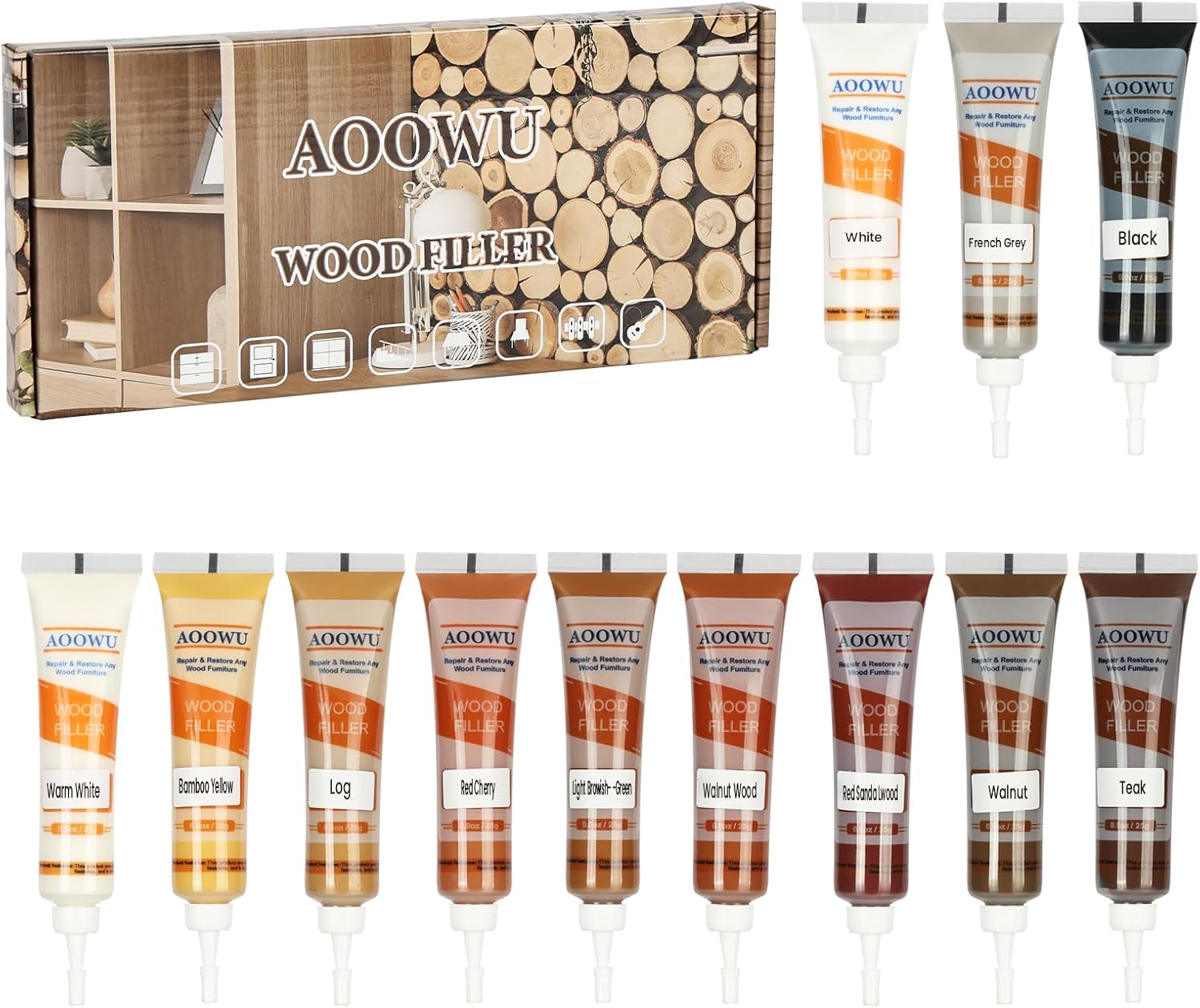 AOOWU Wood Markers Furniture Repair, 12 Colors Hardwood Laminate Floor Repair Kit, Touch up Paint for Wooden Table Cabinet Door Floors, Wood Filler Putty Restore Cracks Scratches Holes Stains