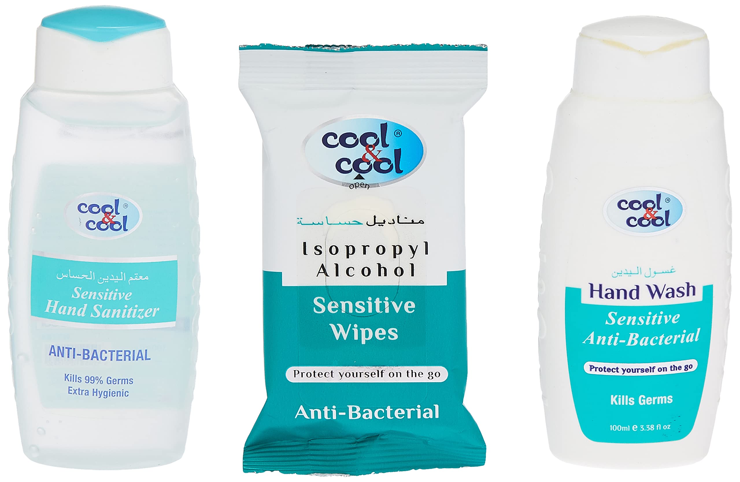 Cool & Cool Sensitive Anti-Bacterial Kit Hand Wash, 100 ML + Hand Santitzer, 100 ML + Ipa Wipes, 10 Sheets
