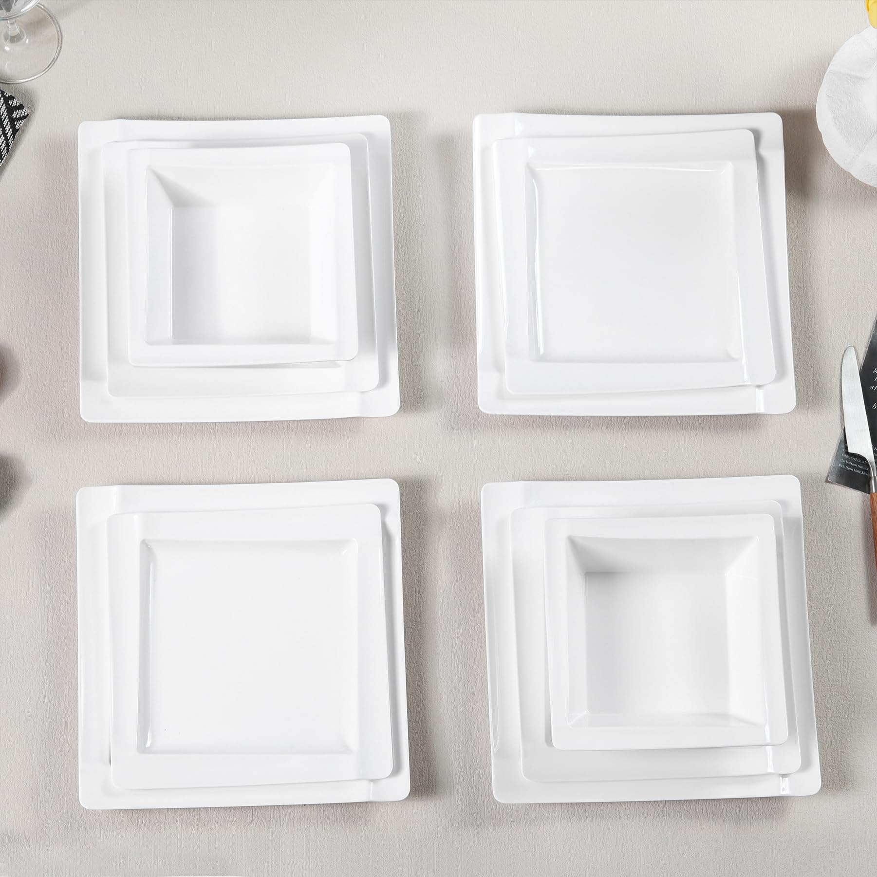 Juego de vajilla de melamina – Juego de 12 platos cuadrados y cuencos para 4, uso en interiores y exteriores, apto para lavavajillas, negro y dorado