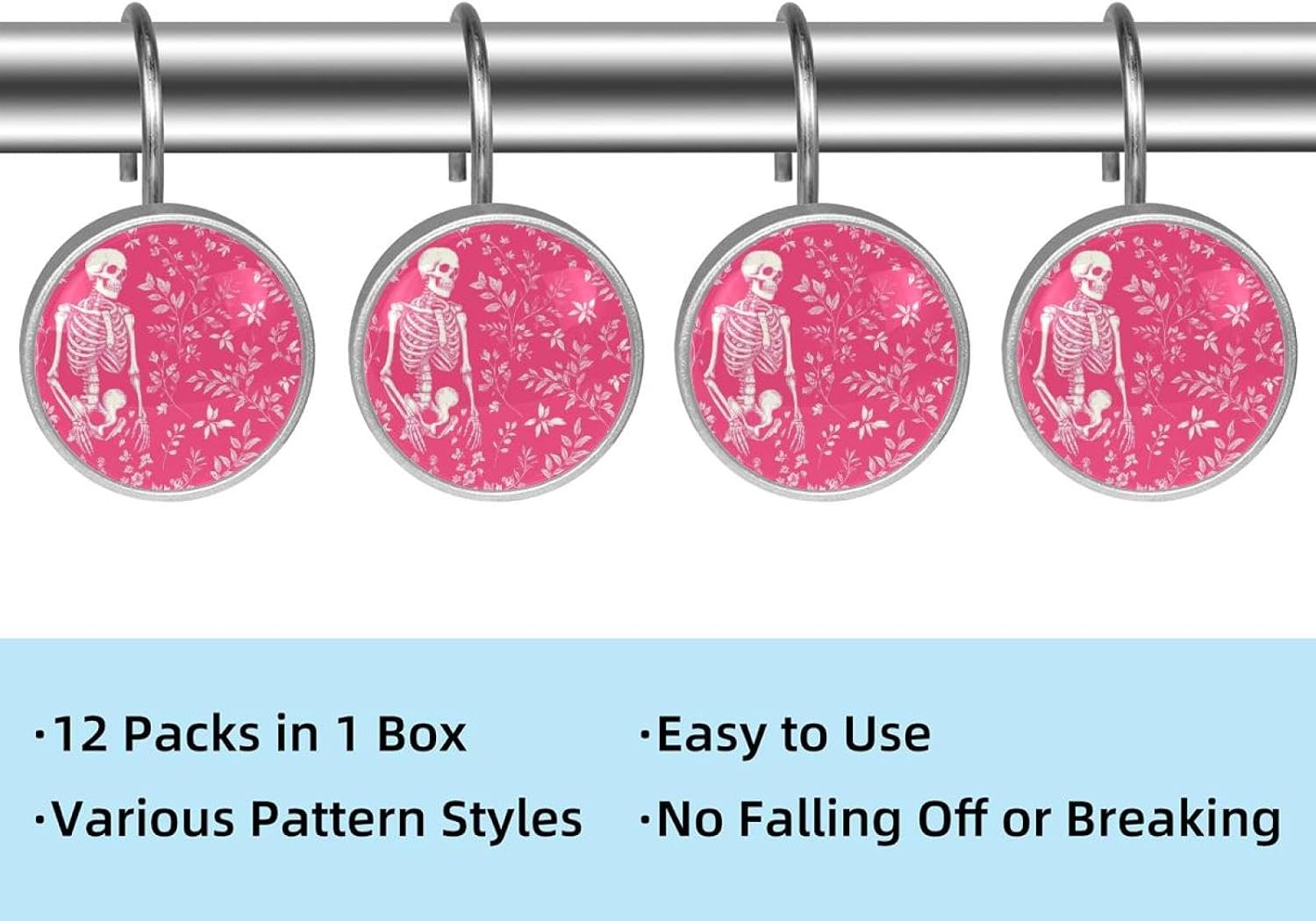 12 Pack Skeleton Pink Pattern Shower Curtain Hooks, Stainless Steel Decorative Shower Curtain Rings for Bathroom, Rust Proof Shower Curtain Hangers for Curtains Rods
