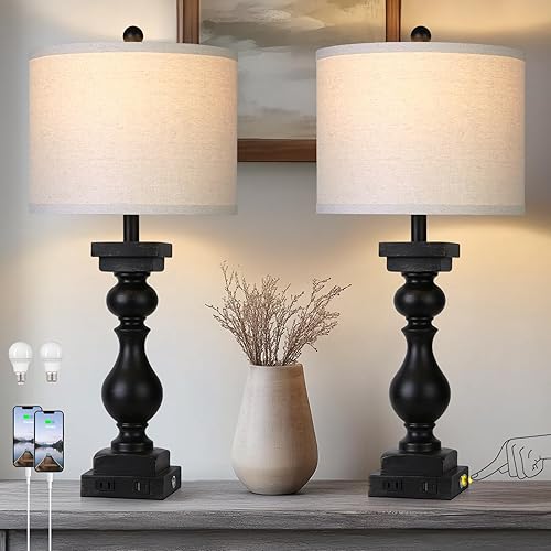 28" Tall Farmhouse Table Lamps Set of 2 with USB A+C Ports and AC Outlet, 3 Way Touch Rustic Bedside Lamps for Bedroom, Black Vintage Lamps for