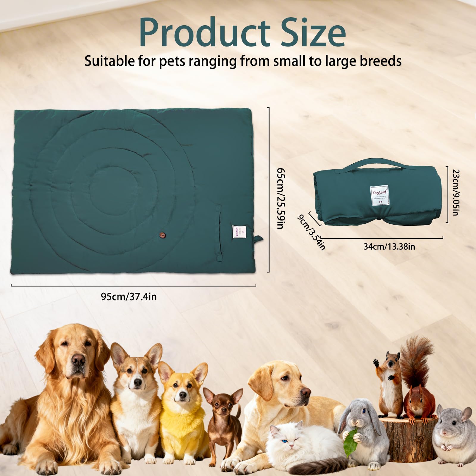 Colchoneta Plegable para Perros, 95 x 65 cm Lavable Impermeable Cama para Perros Grande y Mediana Cojín portátil para Perro y Gatos Manta de Viaje para Mascotas Colchón Multifunción (verde)