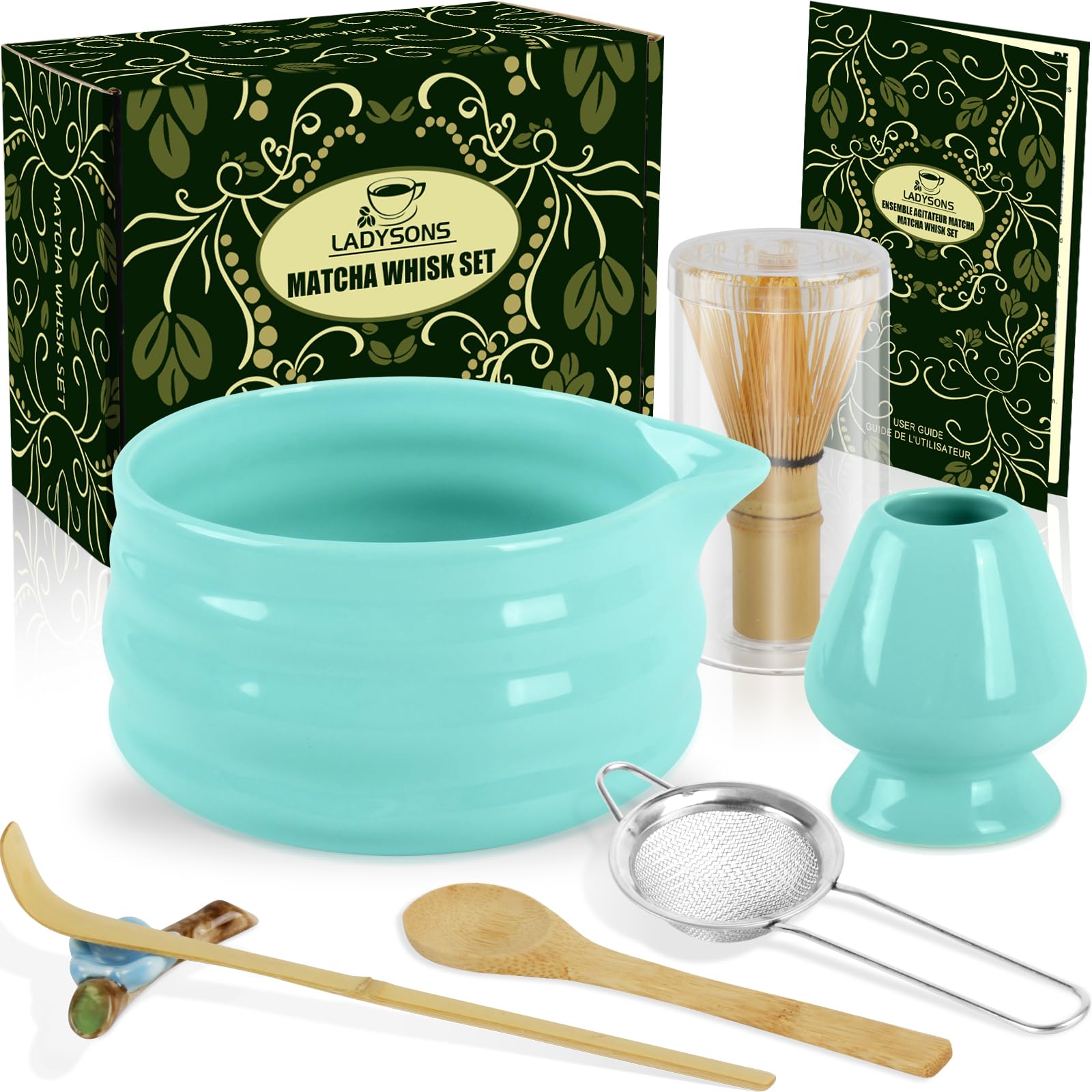 Matcha Set - 7 Stück Matcha Rührer Set Enthält Matcha-Schüssel mit Ausgießer, Bambus-Matcha-Rührer und Ständer, Bambus-Matcha-Löffel, Teelöffel, usw, Geschenk für Ihre Lieben