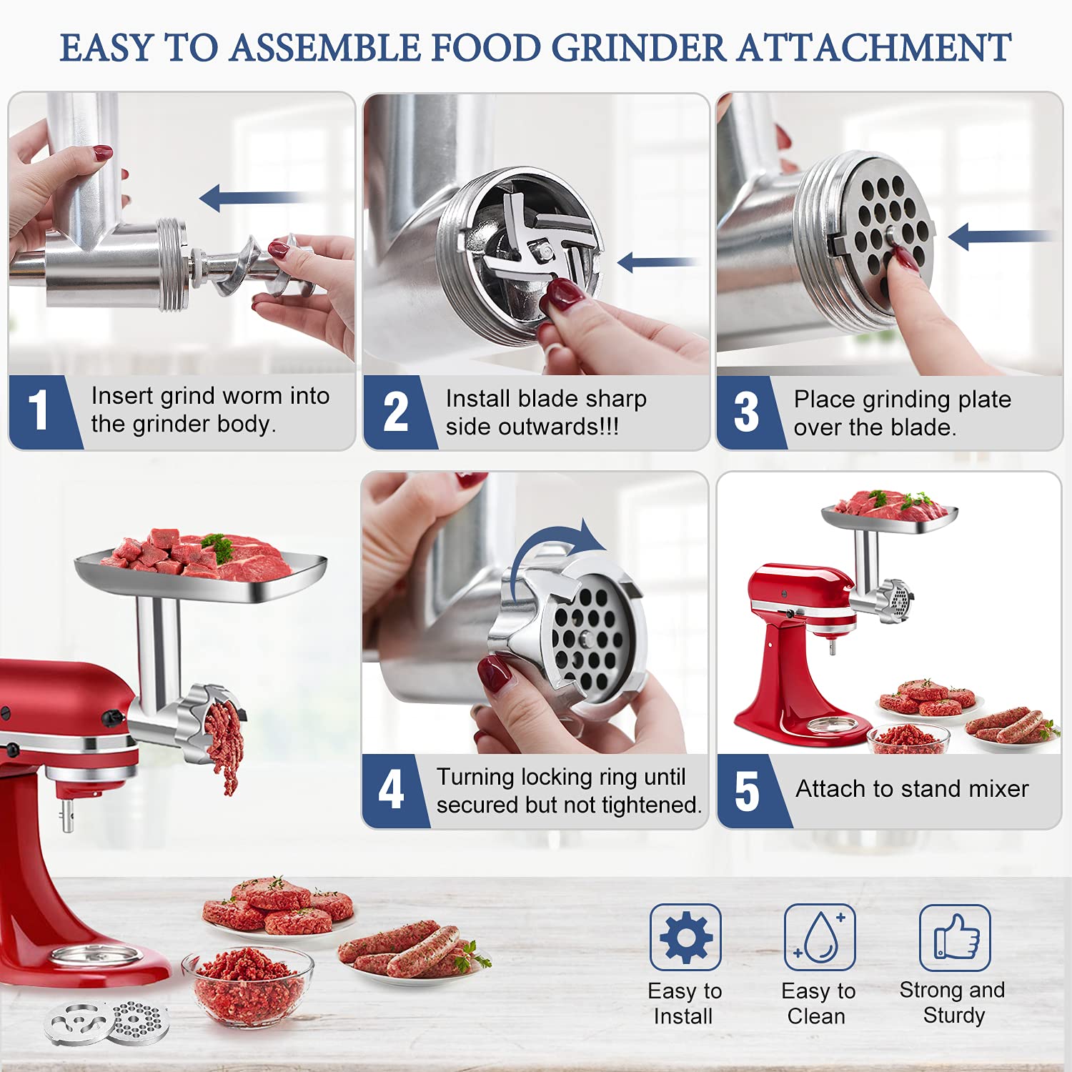 Metal Food Grinder Attachment for KitchenAid Stand Mixers, BQYPOWER