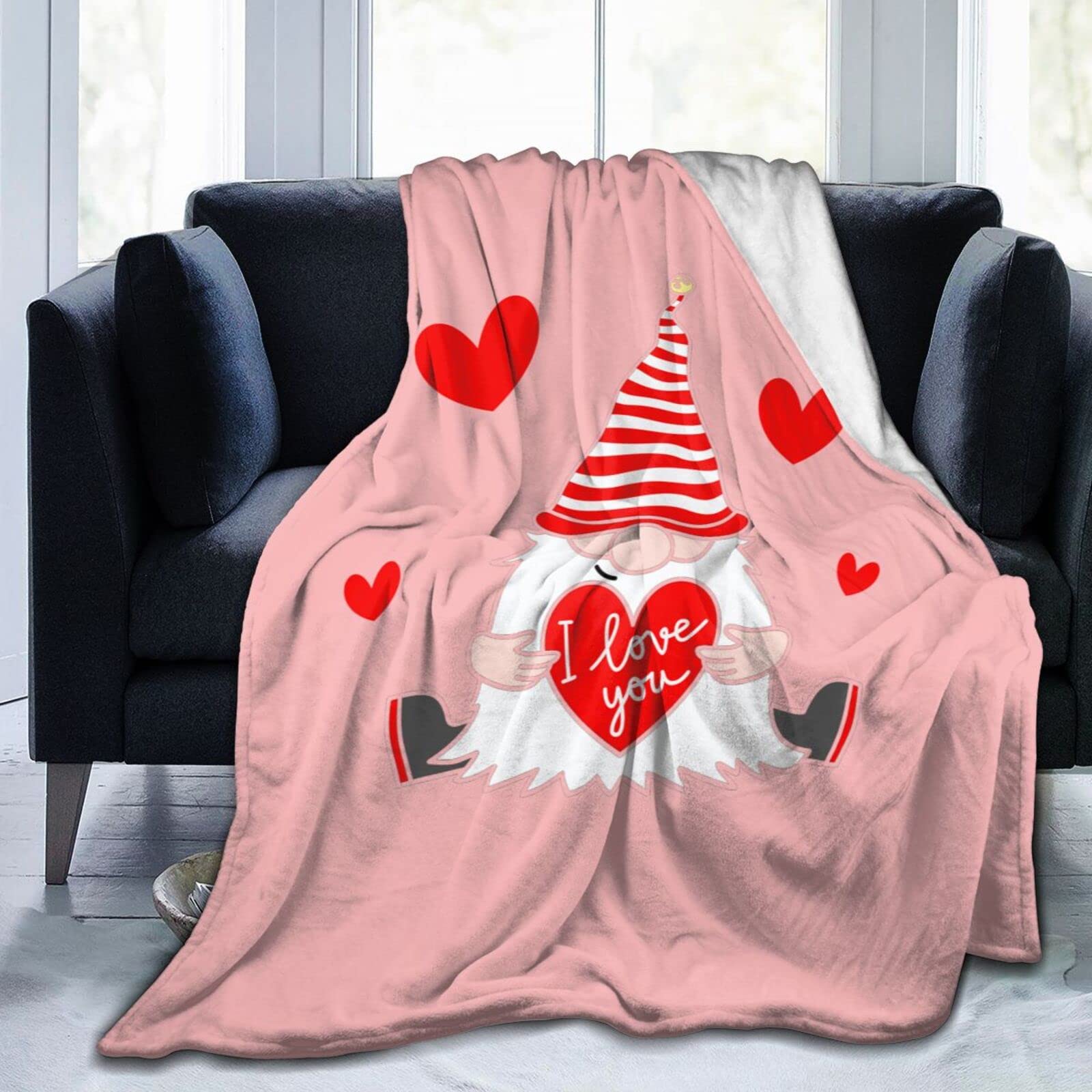 Lsjuee Valentine Gnome with A Red Heart Throw Blanket Warm Cozy Lightweight Blankets Romantic Valentine's Day Gift Flannel Blanket for Sofa Couch Bed Office Holiday Decorative 50"X40"