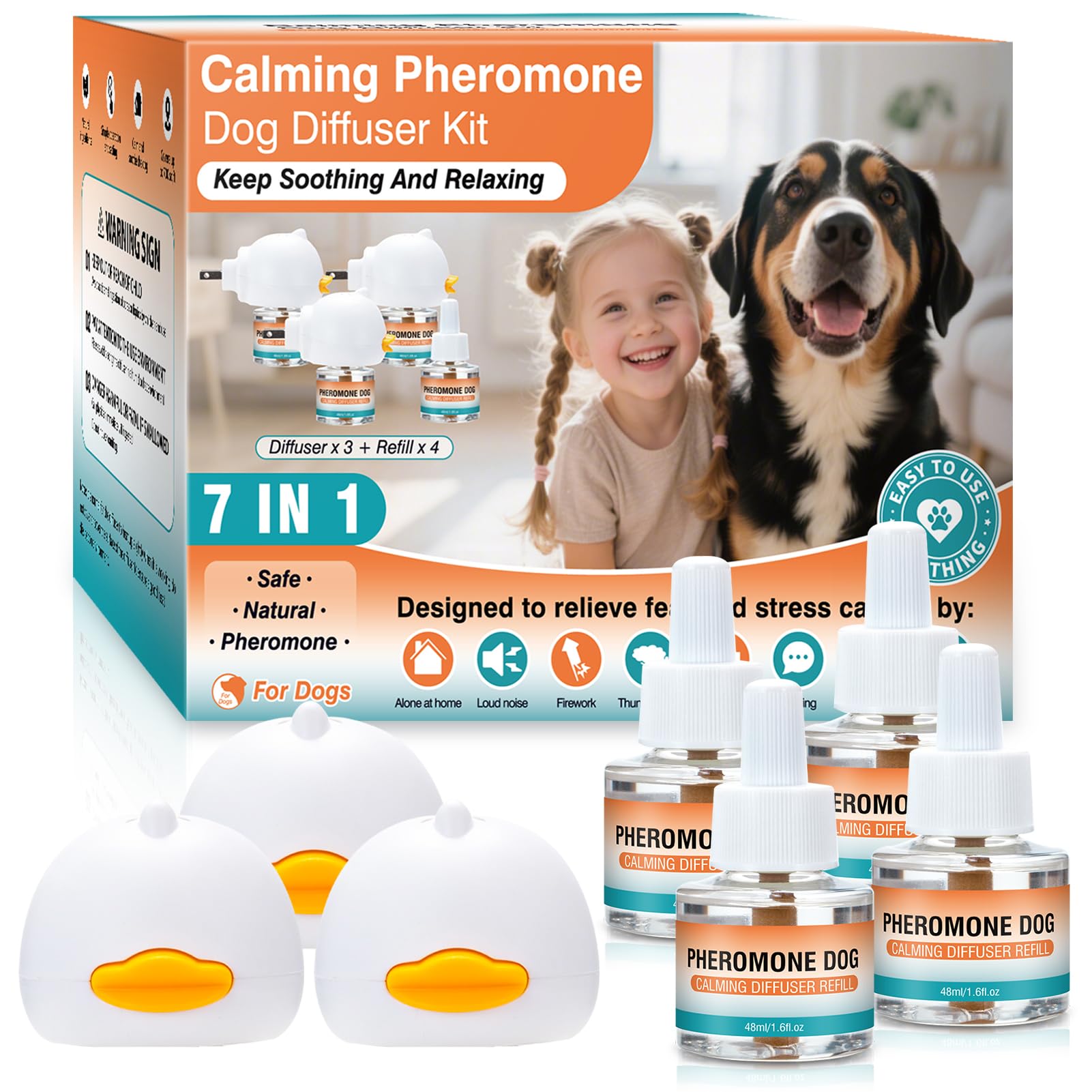 Dog Calming Pheromone Diffuser Tasteless Anxiety Relief for Dogs 7 in1 Kit (3 Plug in Units + 4 Refills 48ml Each) Helps Reduce Aggression Barking Fighting Stress