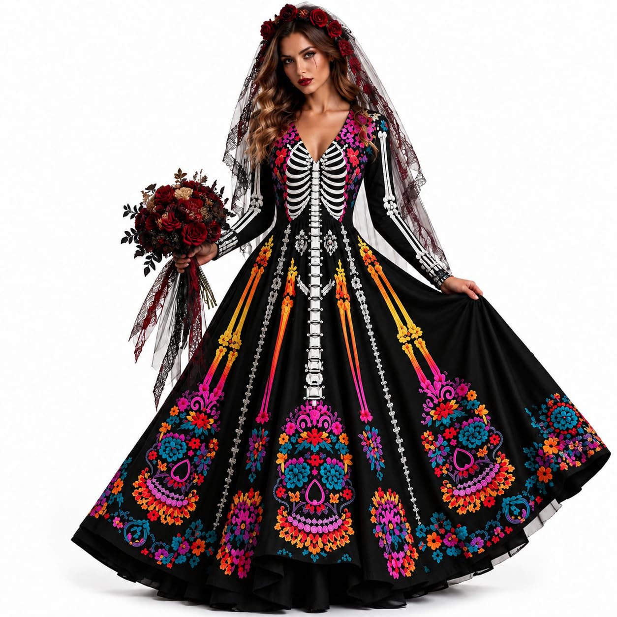 Halloween Costume Women's Skeleton Dress Midi Dress Gothic Dress Halloween Fancy Dress Costumes Skeleton Skull A-line Long Sleeve Midi Dress Calf Length Gothic Vintage Cosplay Party