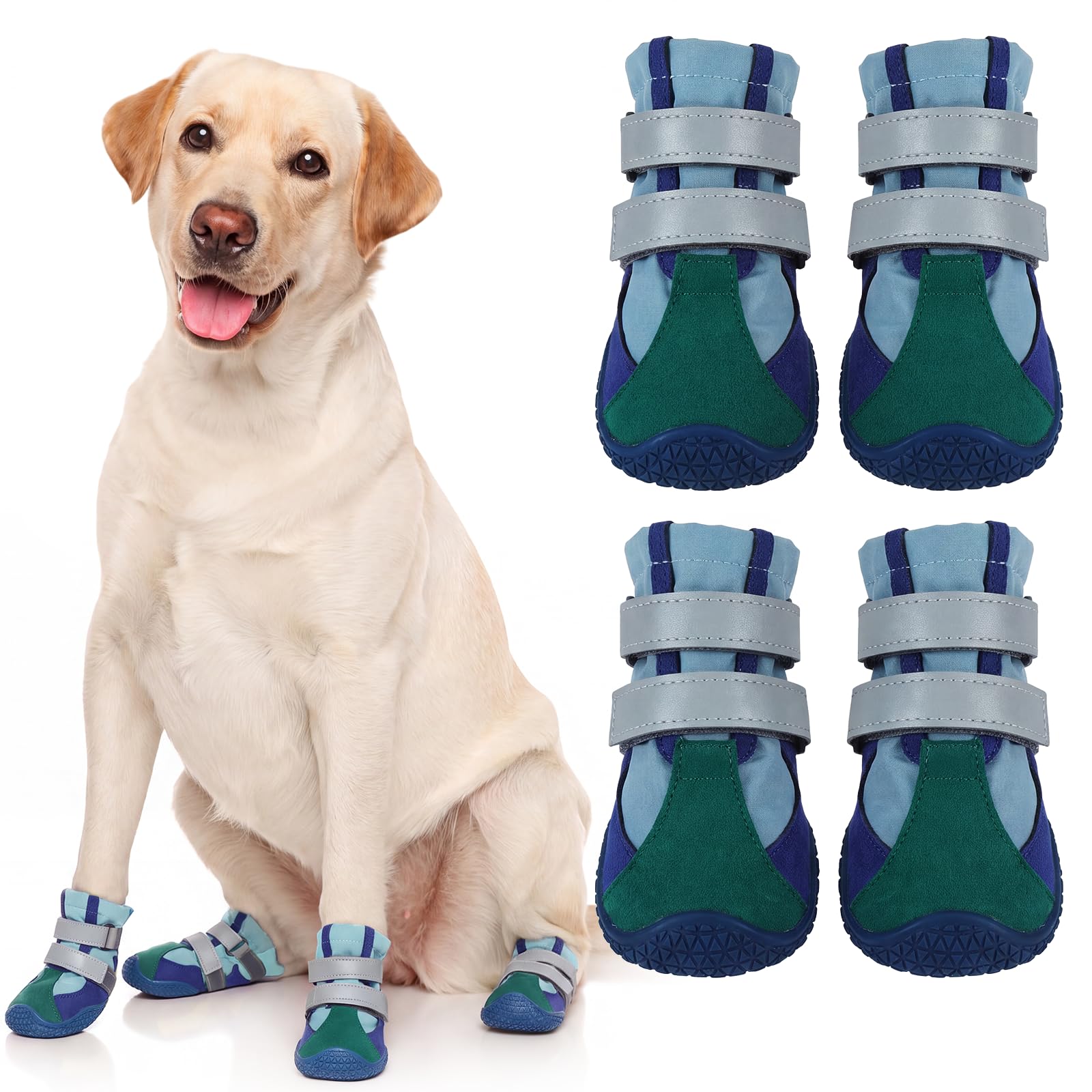 Hjyokuso Dog Boots, 4Pcs Waterproof Dog Shoes with Fleece Lining and Anti-Slip Rubber Sole, Double Adjustable Straps with Reflective Strip, Paw Protectors for Rain, Mud, Winter Walks,7# GreenBlue