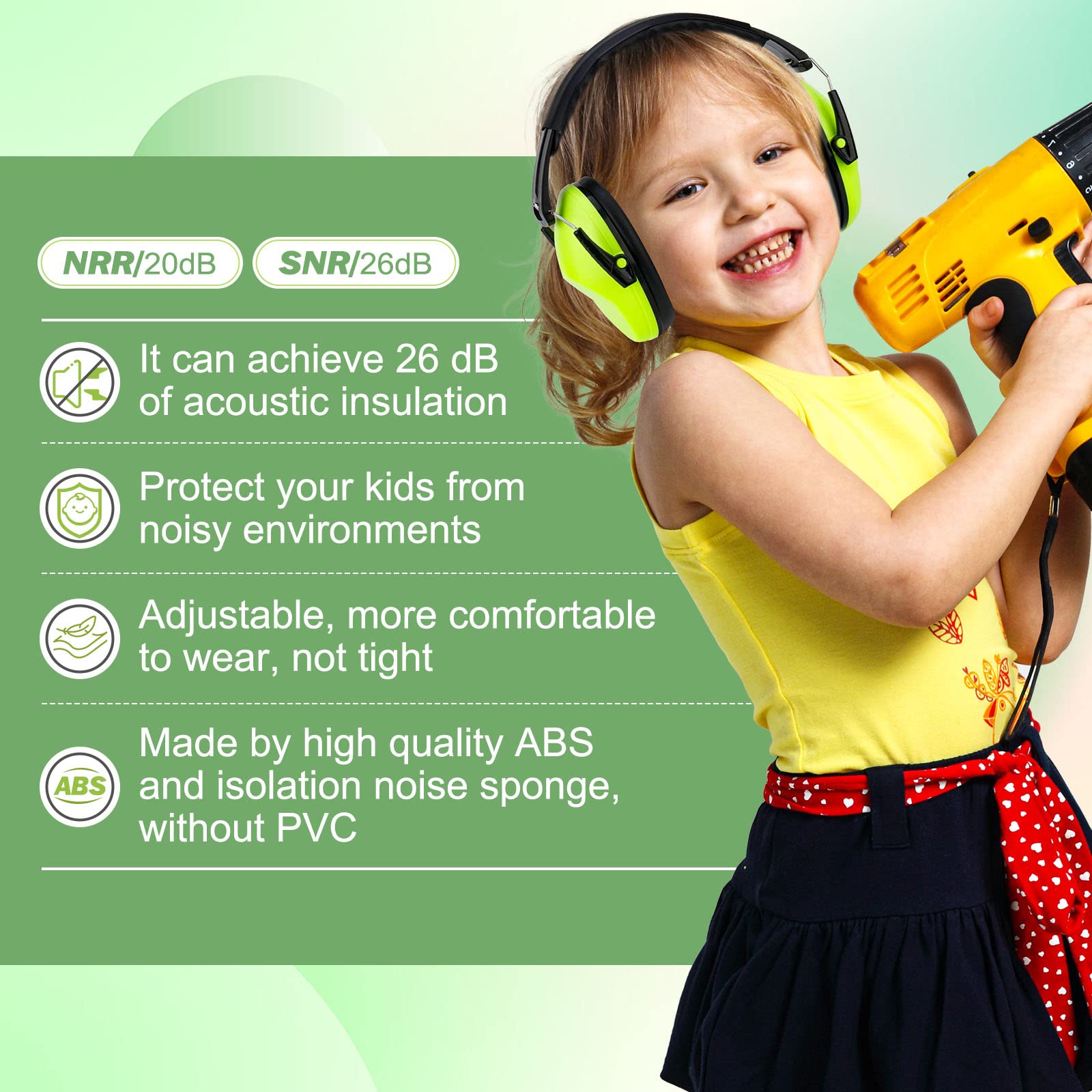 Kriogor 2 Pack Ear Defenders Children,26dB SNR Noise Cancelling Headphones Hearing Protection Earmuffs,Soft Kids Ear Defenders Adjustable Adult Ear Protector for Autism Airplane Study Fireworks(Green) - Image 2