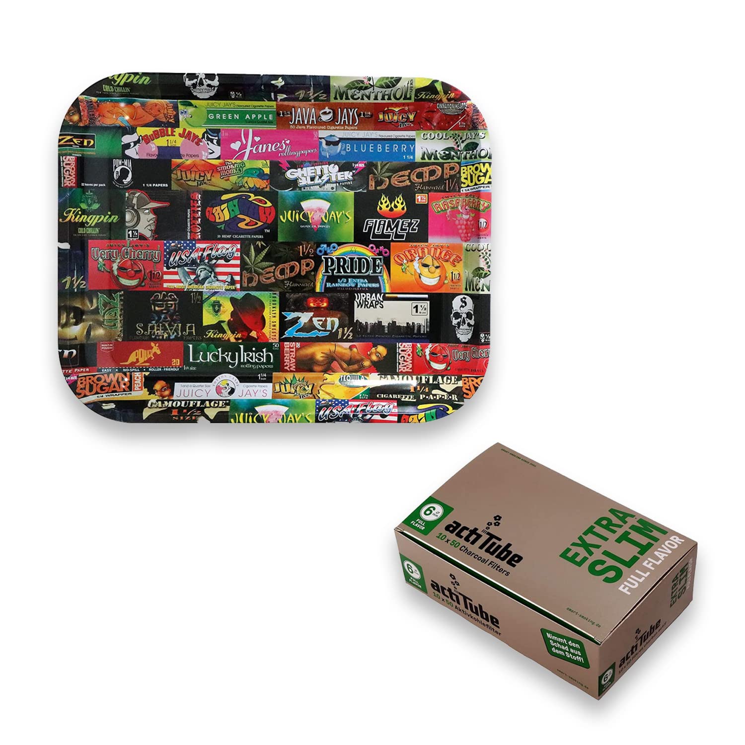 Set mit 500x actiTube Aktivkohlefilter Extra-Slim, 6 mm Durchmesser und 1x Rolling Tray im zufälligen Design