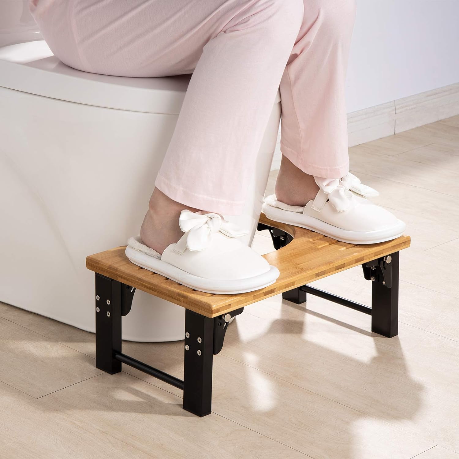 AmazerBath Bamboo Toilet Stool,Foldable Toilet Potty Stool with Black Stainless Steel Legs,7 Inches Foldable Bamboo Toilet Potty Stool, Men, Women, Natural Color : Health & Household
