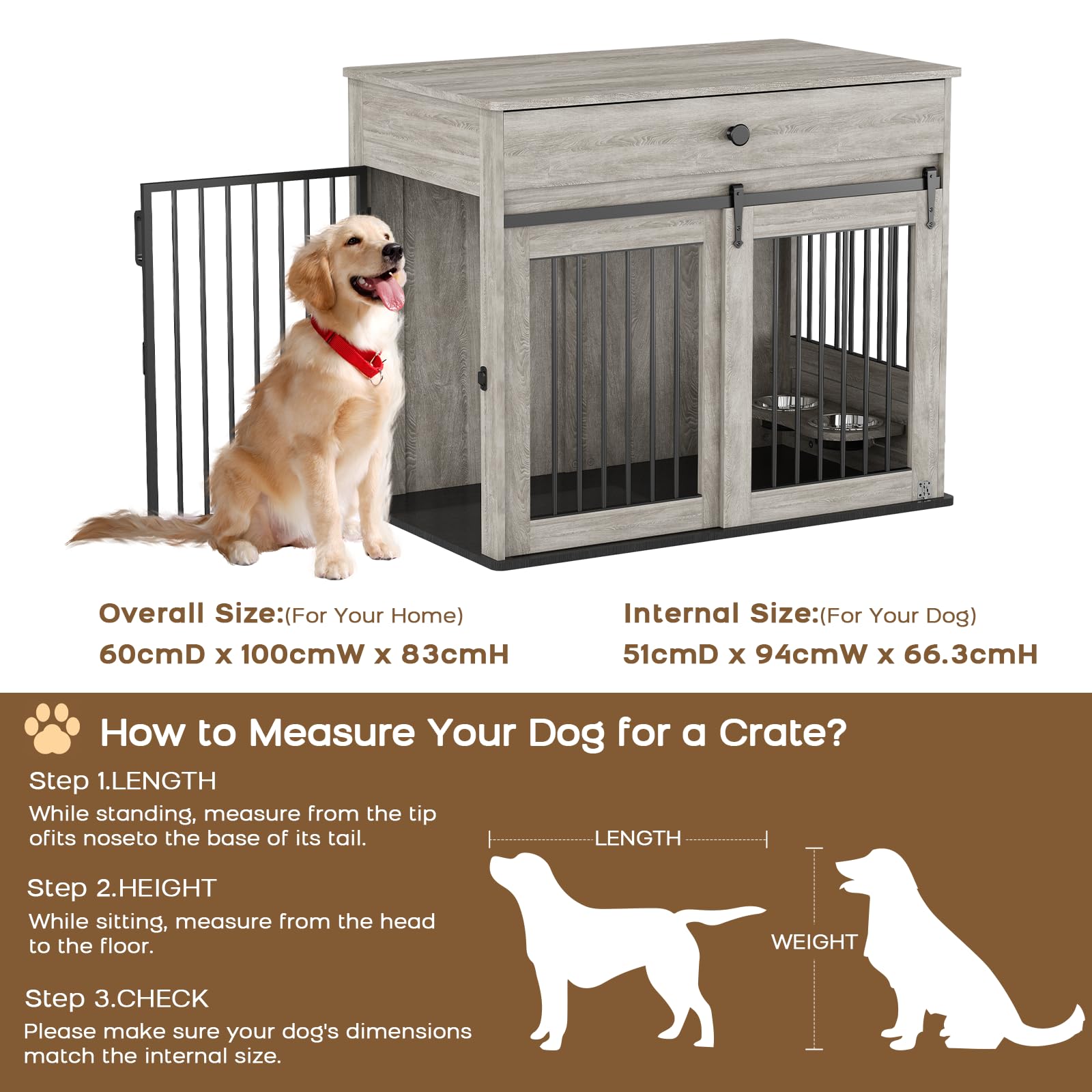 Cage pour Chien, Caisse pour Animaux de Style Meuble avec Portes Coulissantes, Niche D'intérieur en Bois avec Tiroir, Maison pour Chien avec Gamelle Pivotante à 360°, Gris