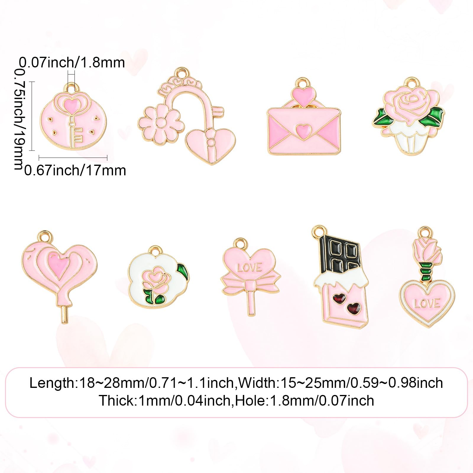 Stiesy 45Pcs 9 Styles Pink Charms for Jewellery Making Valentine's Day Enamel Charm Pendant Heart Chocolate Love Letter Key Flower Dangle Charms Bulk for DIY Date Necklace Bracelet Earring Presents - Image 2